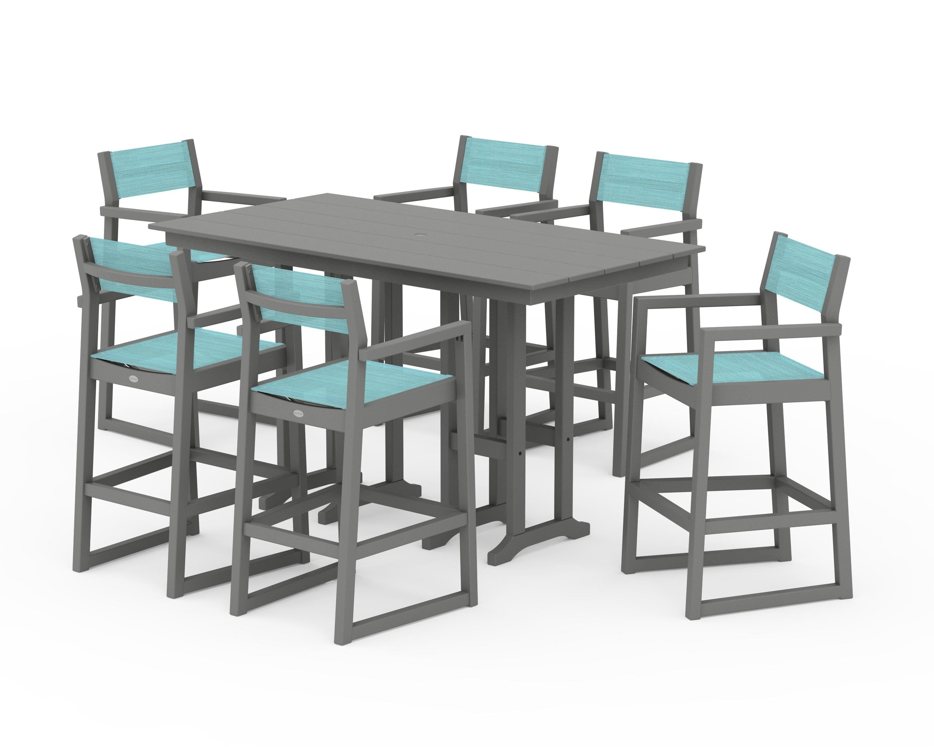 POLYWOOD EDGE Sling Arm Chair 7-Piece Farmhouse Bar Set in Slate Grey / Dupioni Aquamarine Sling