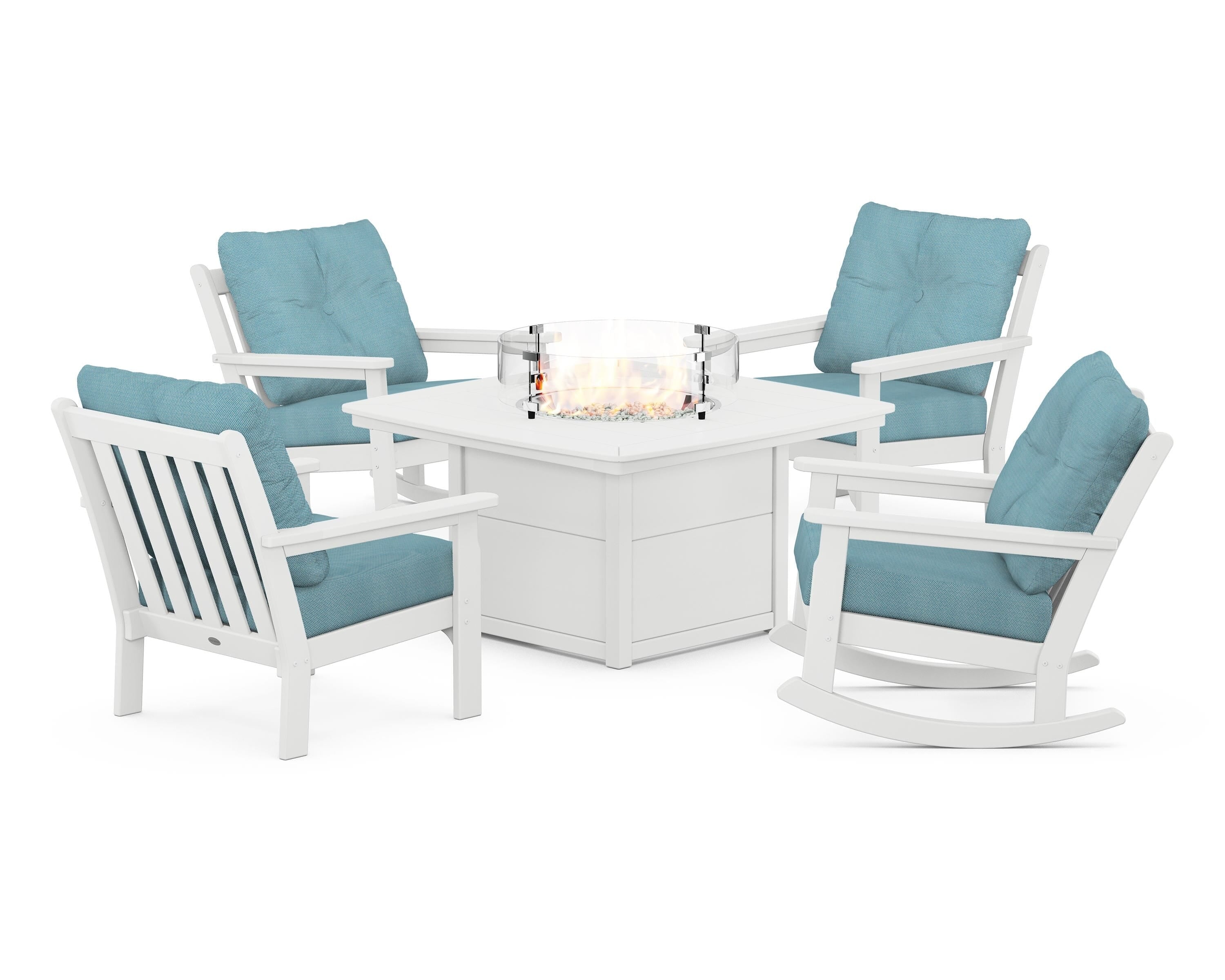 POLYWOOD Vineyard 5-Piece Deep Seating Rocking Chair Conversation Set with Fire Pit Table in White / Lattice Sky Blue