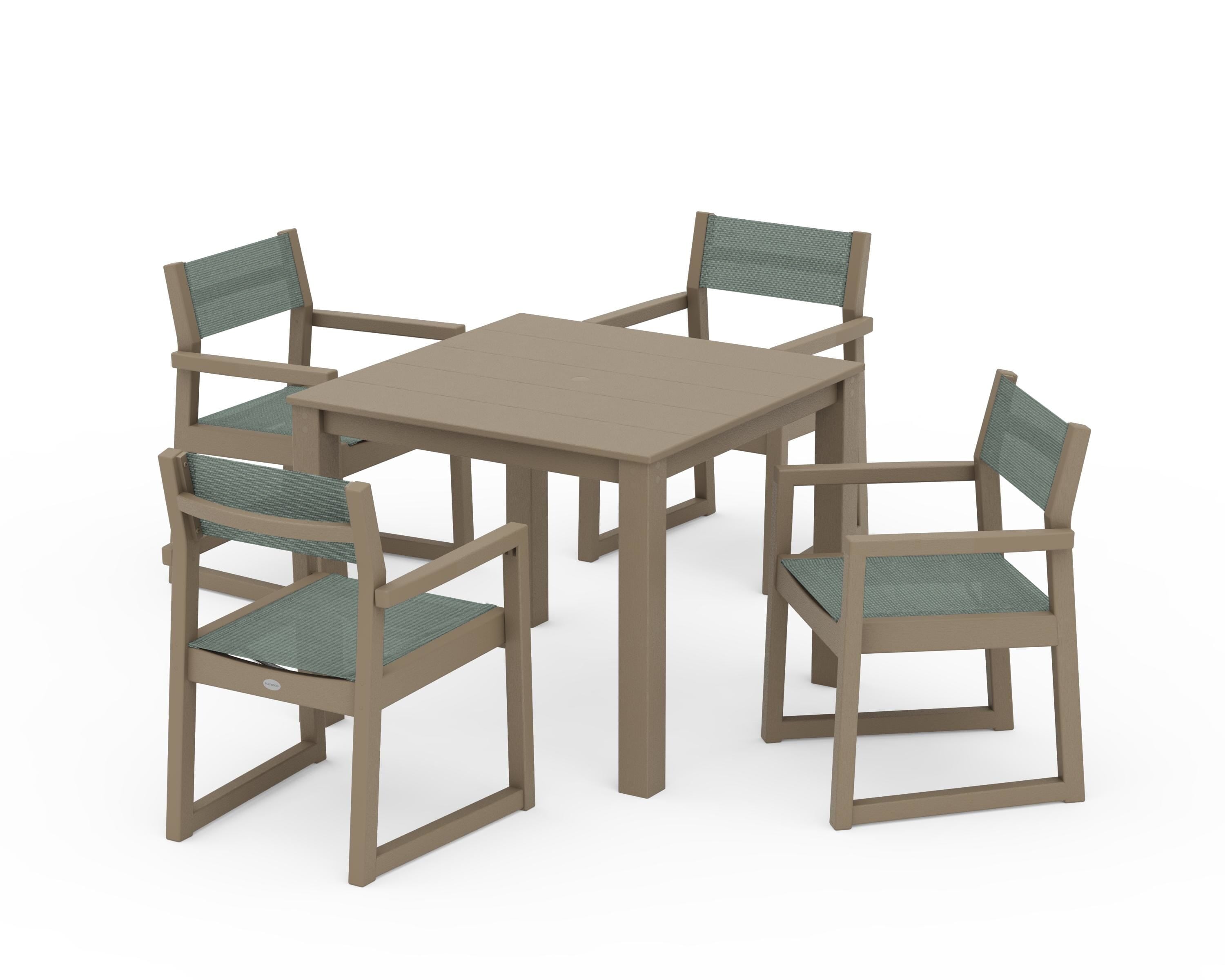 POLYWOOD EDGE Sling Arm Chair 5-Piece Parsons Dining Set in Vintage Sahara / Dupioni Sea Mist Sling