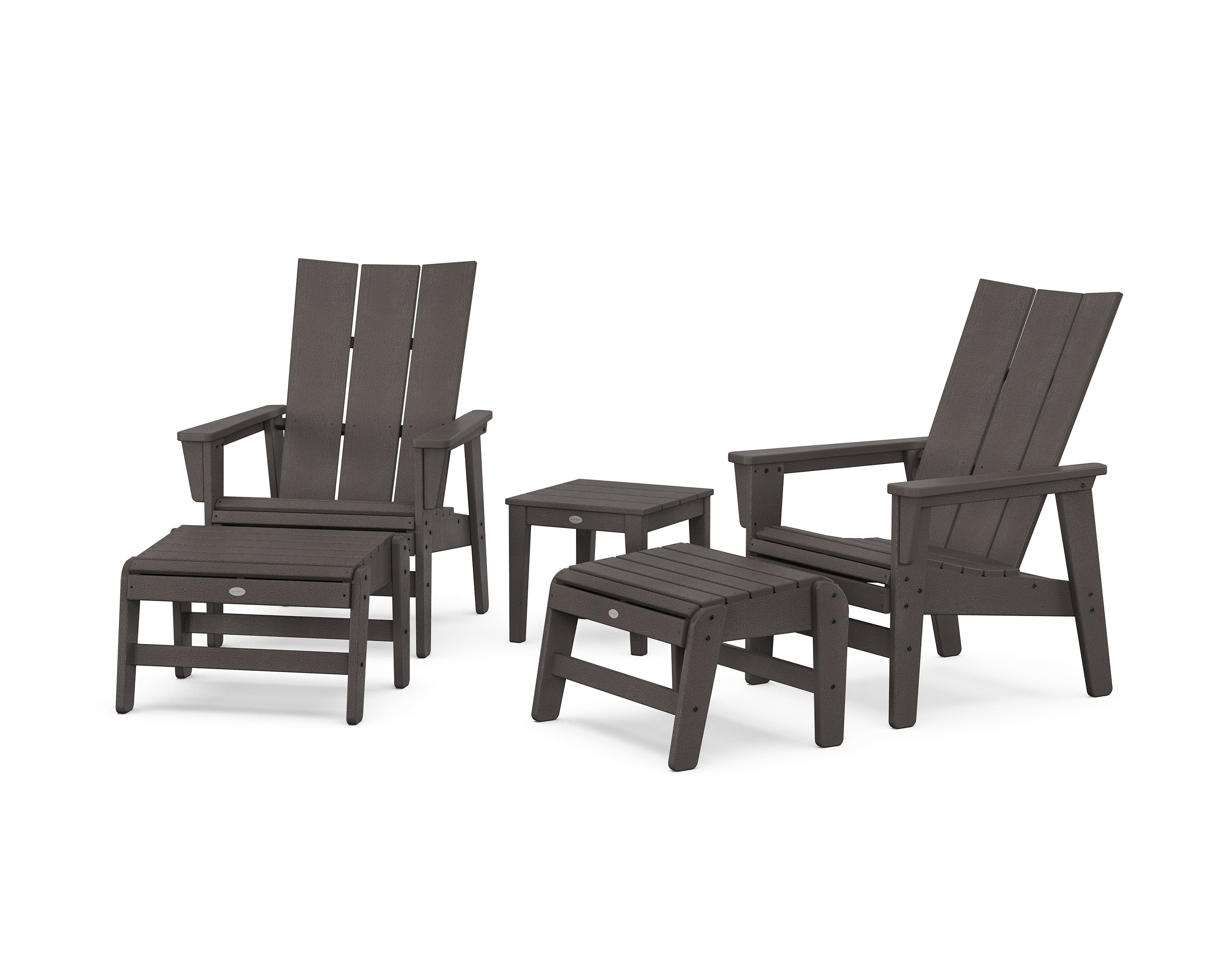 POLYWOOD 5-Piece Modern Grand Upright Adirondack Set with Ottomans and Side Table in Vintage Coffee