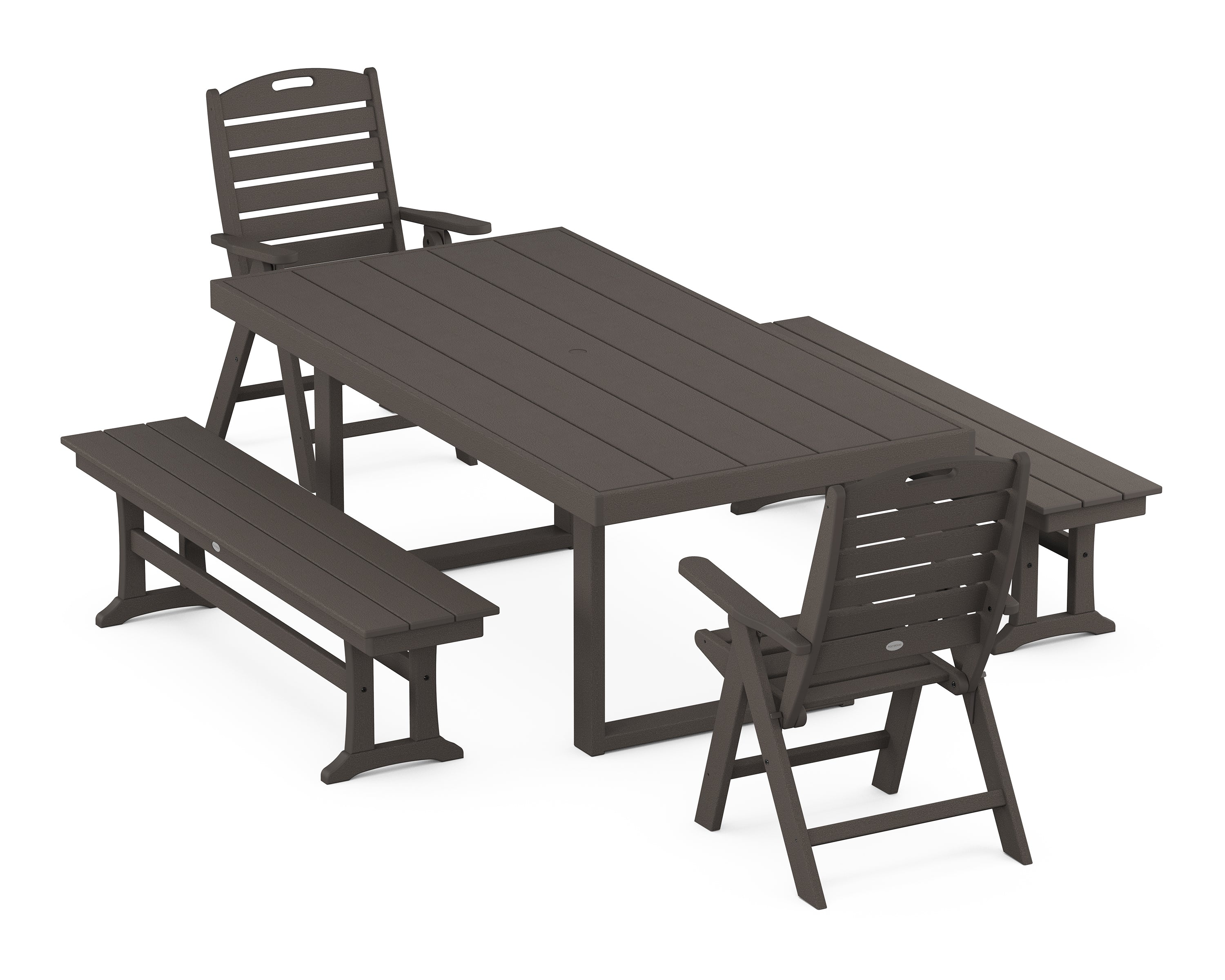 POLYWOOD Nautical Folding Highback 5-Piece Dining Set with Trestle Legs in Vintage Coffee