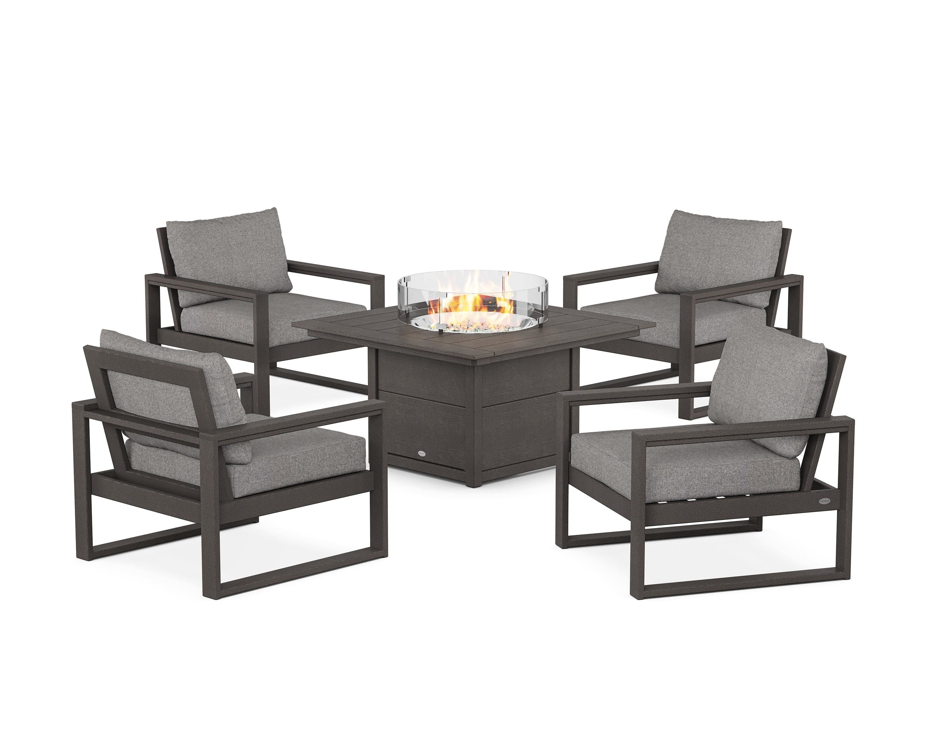 POLYWOOD EDGE Sectional 5-Piece Deep Seating Set with Fire Pit Table in Vintage Coffee / Grey Mist