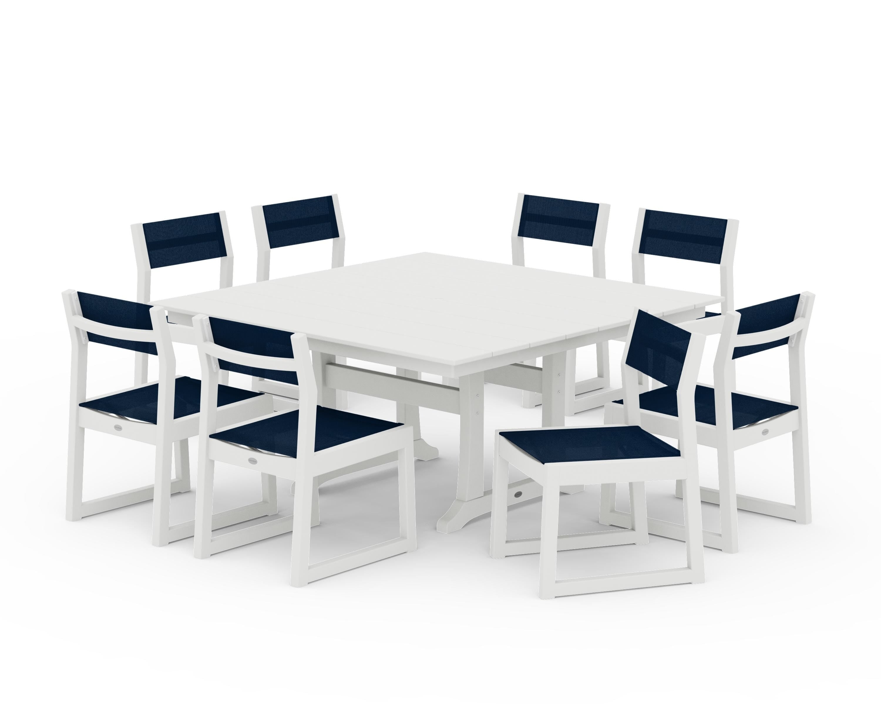 POLYWOOD EDGE Sling Side Chair 9-Piece Farmhouse Trestle Dining Set in Vintage White / Navy Blue Sling