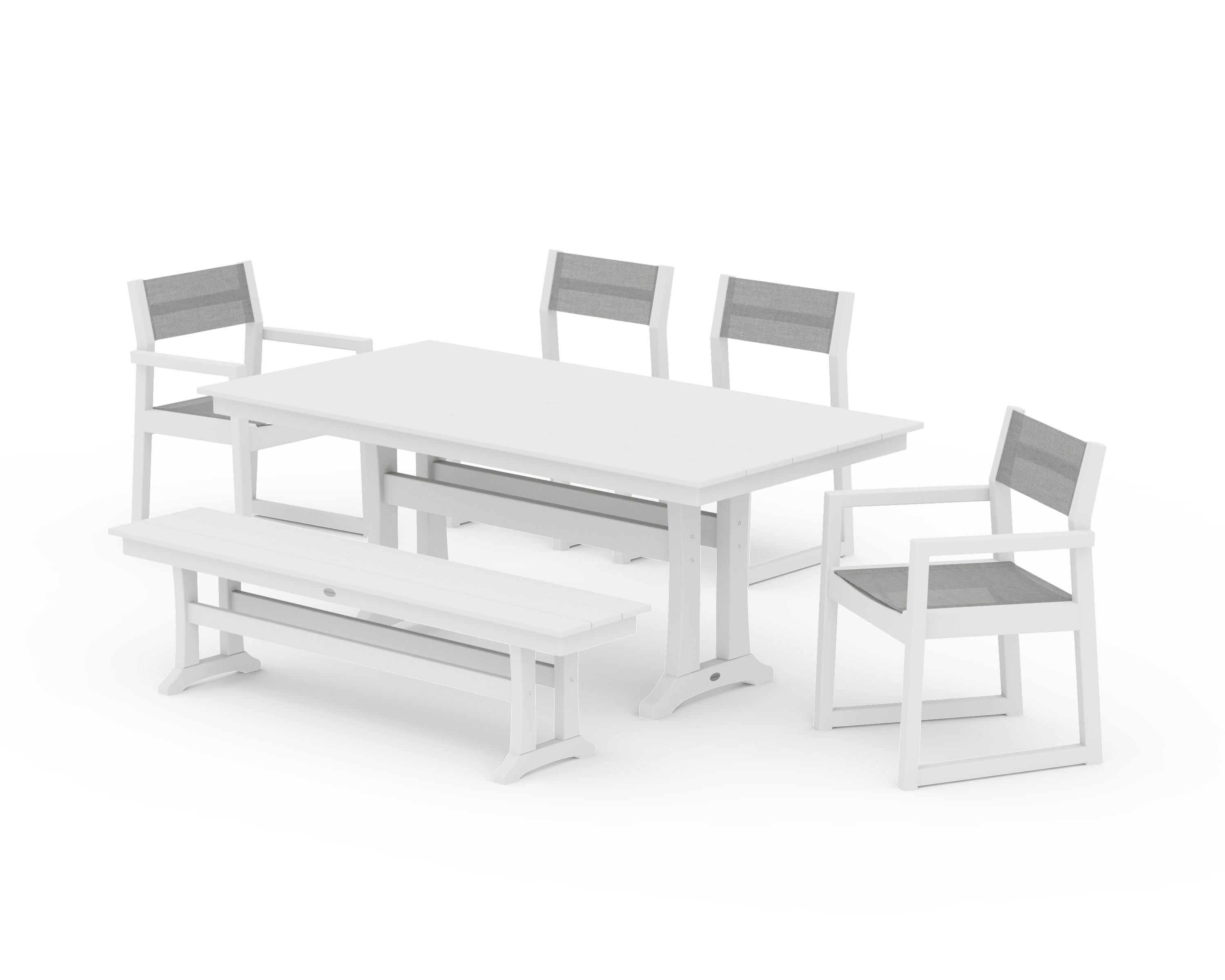 POLYWOOD EDGE Sling 6-Piece Farmhouse Dining Set With Trestle Legs in White / Metallic Sling