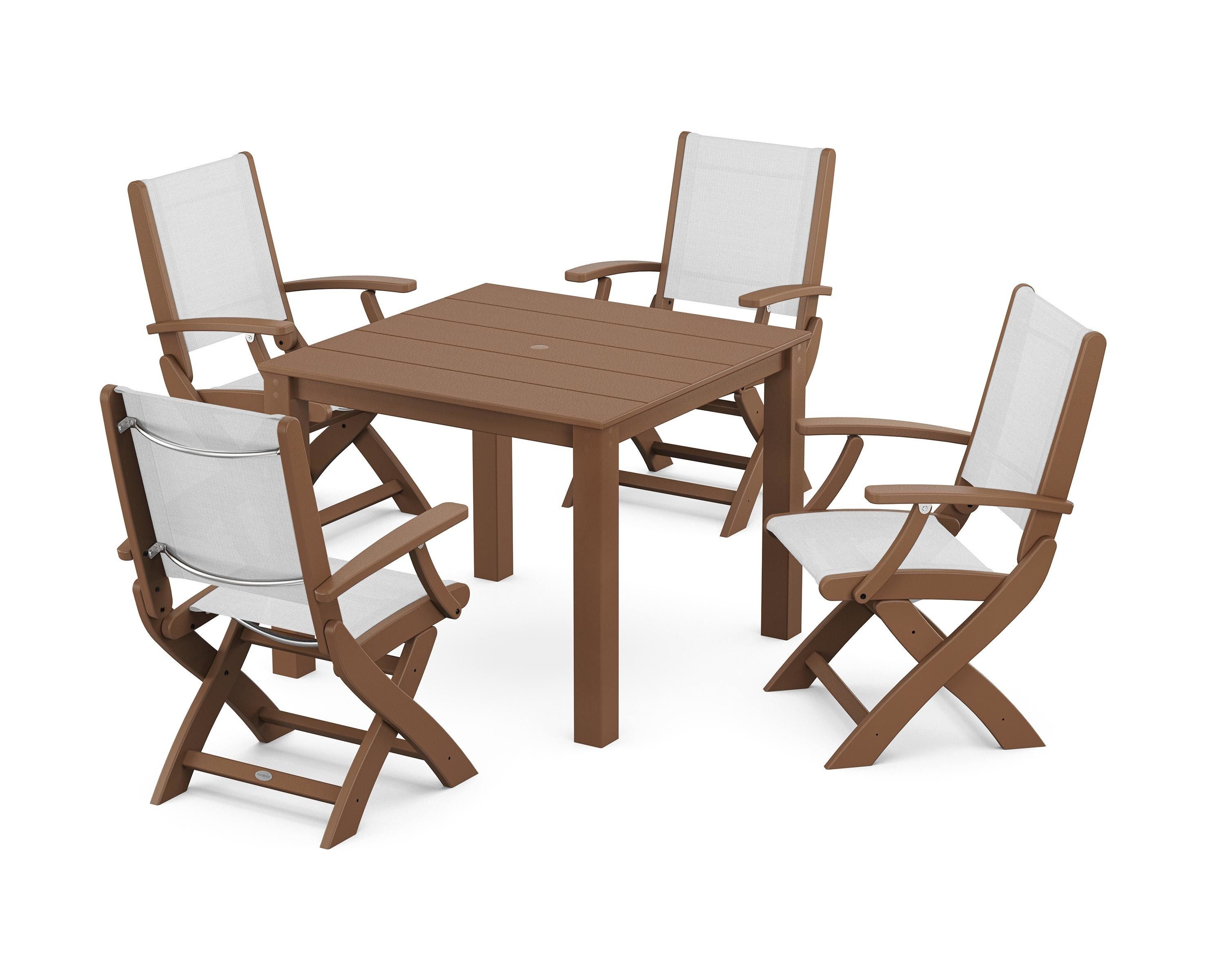 POLYWOOD Coastal Folding Chair 5-Piece Parsons Dining Set in Teak / White Sling
