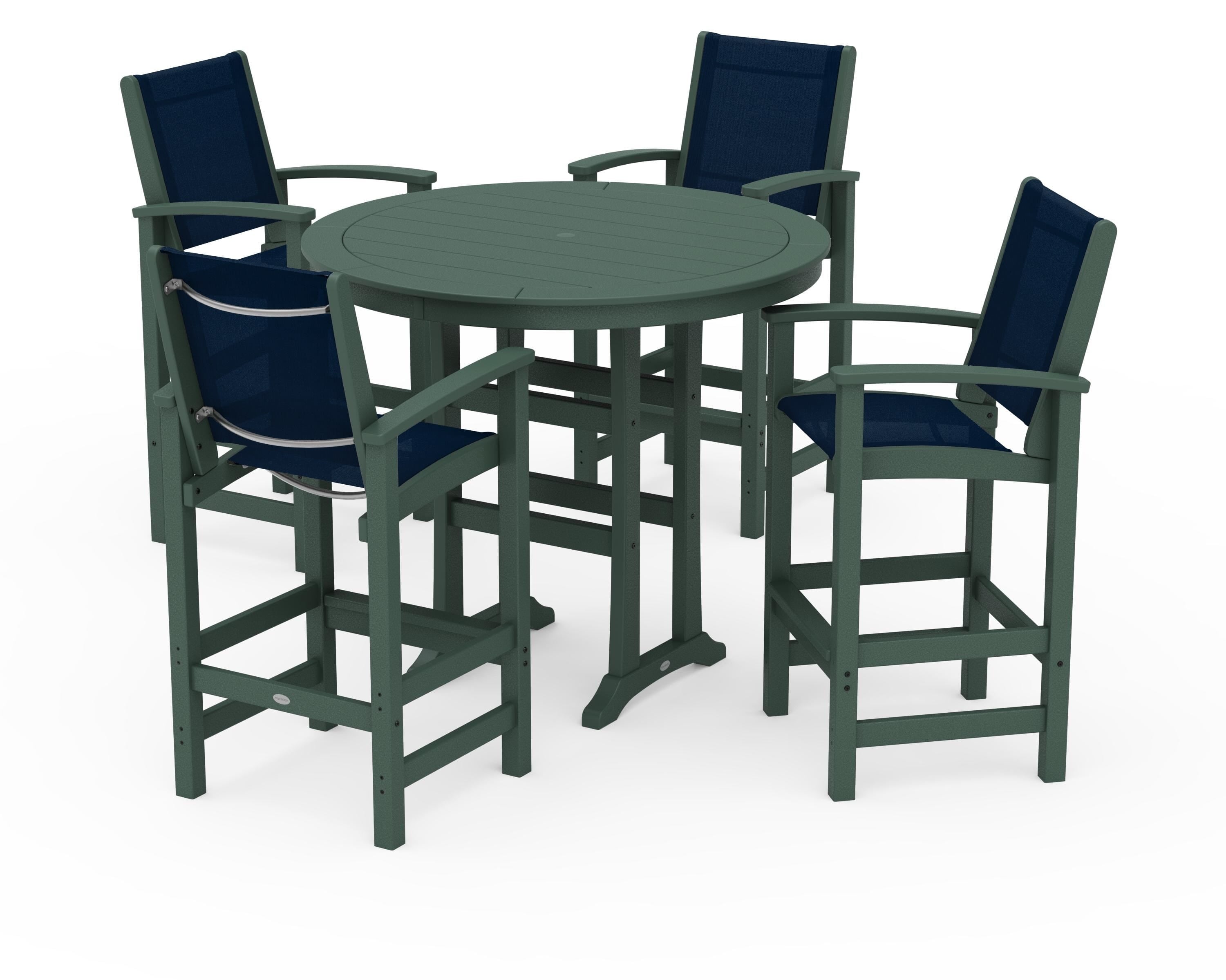 POLYWOOD Coastal 5-Piece Nautical Trestle Bar Set in Green / Navy Blue Sling