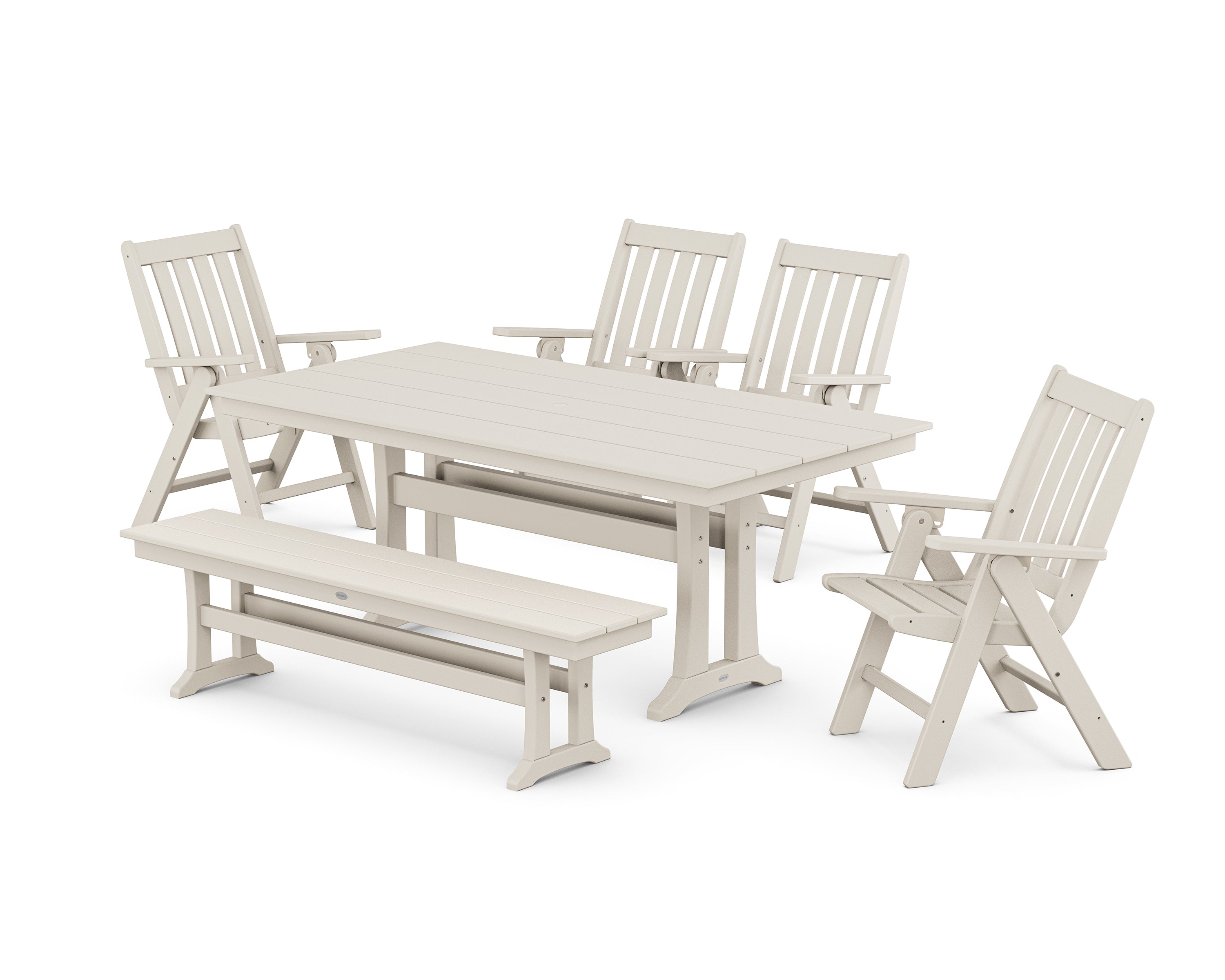 POLYWOOD Vineyard 6-Piece Folding Chair Farmhouse Dining Set with Trestle Legs and Bench in Sand