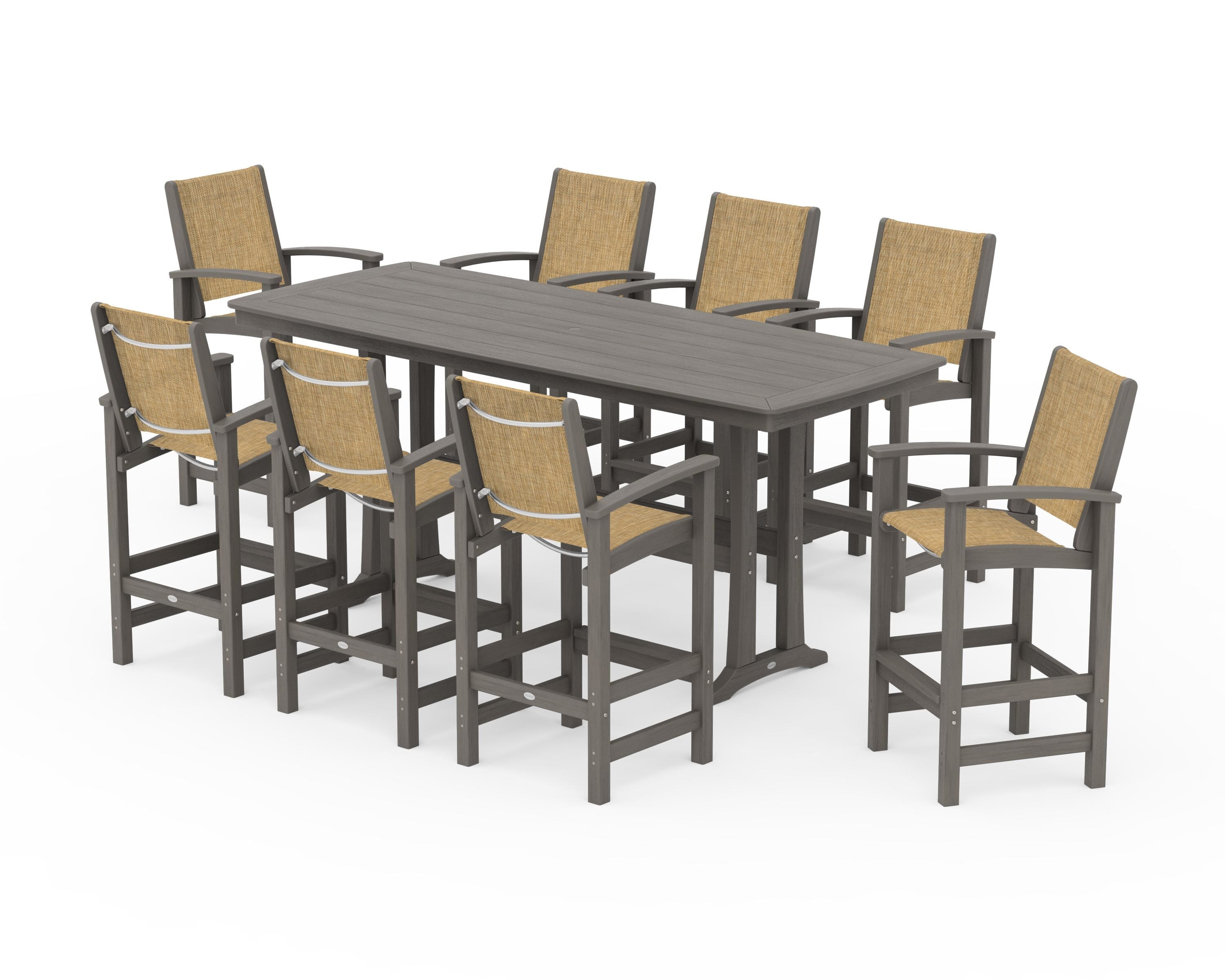 POLYWOOD Coastal 9-Piece Bar Set with Trestle Legs in Driftwood / Burlap Sling