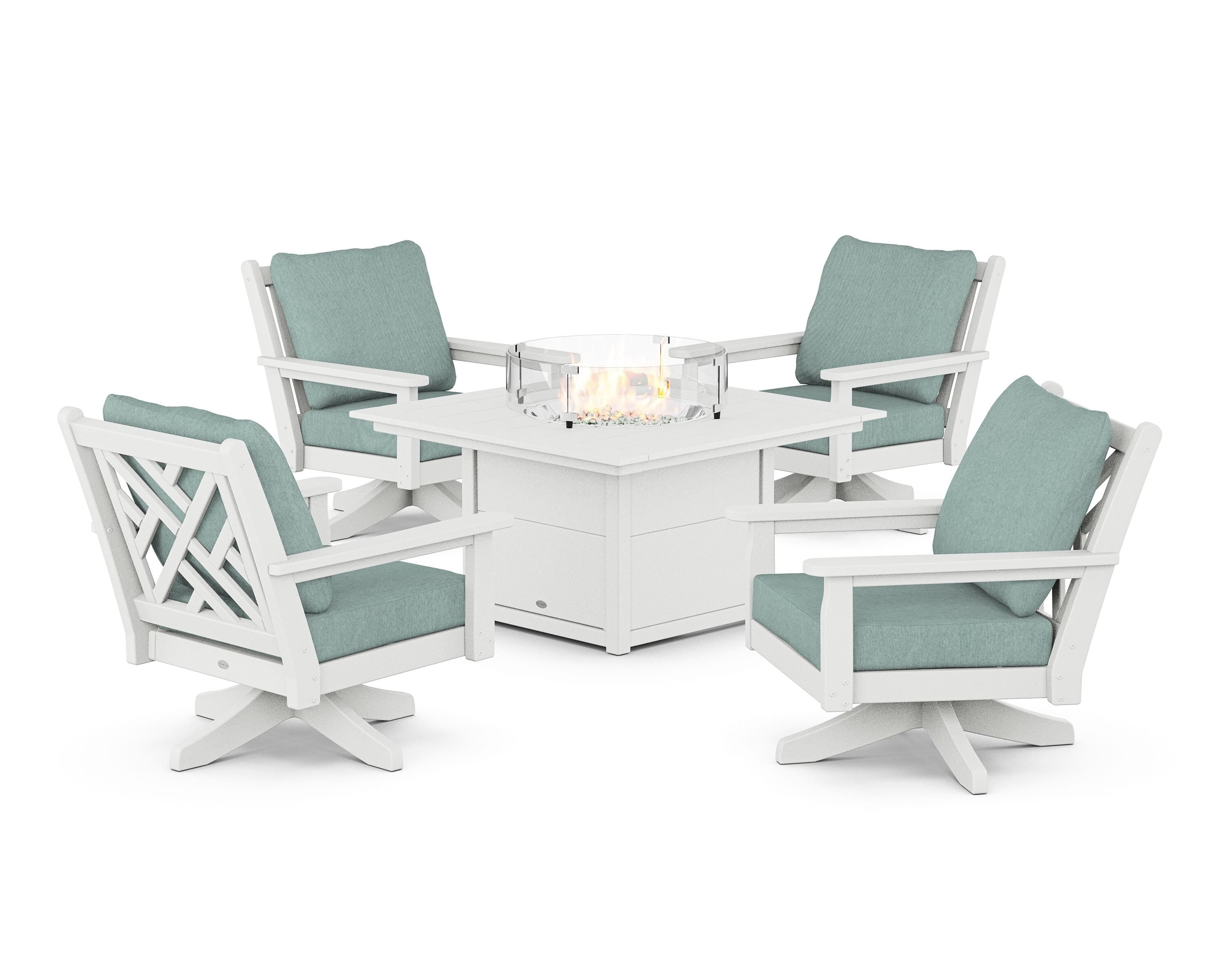 POLYWOOD Chippendale 5-Piece Deep Seating Swivel Conversation Set with Fire Pit Table in White / Glacier Spa