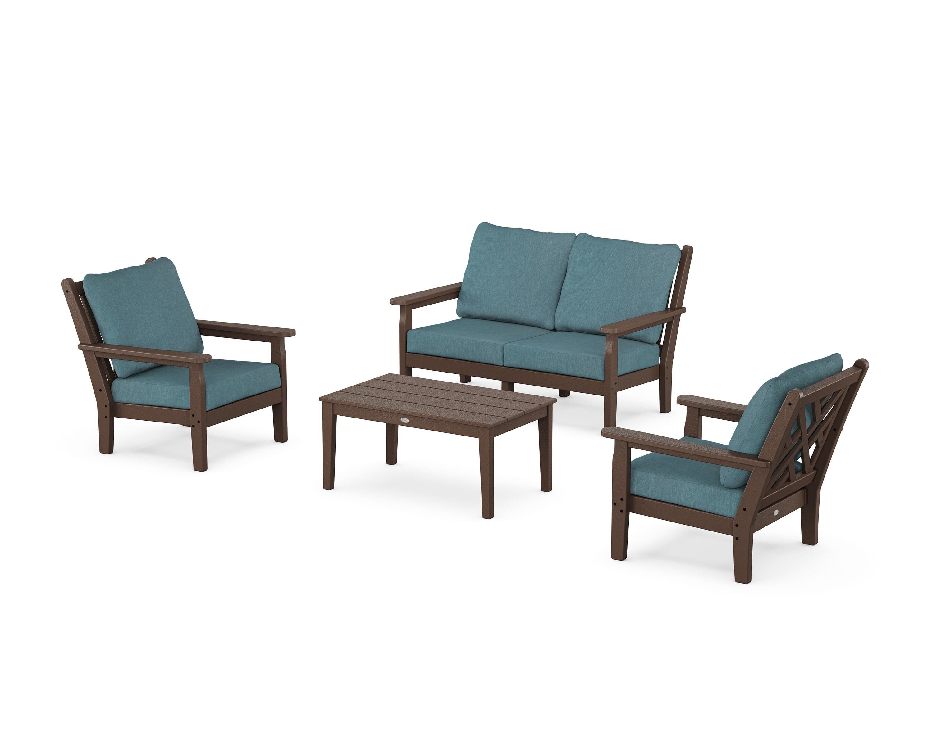 POLYWOOD Chippendale 4-Piece Deep Seating Set with Loveseat in Mahogany / Ocean Teal