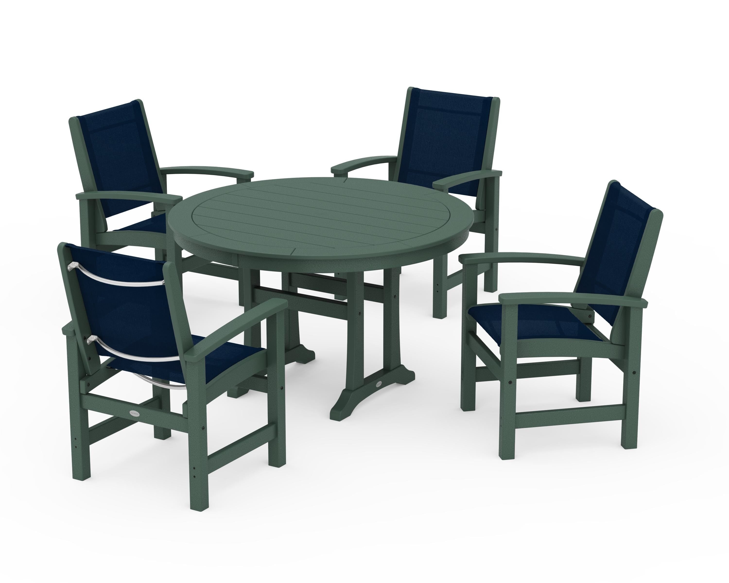 POLYWOOD Coastal 5-Piece Round Dining Set with Trestle Legs in Green / Navy Blue Sling