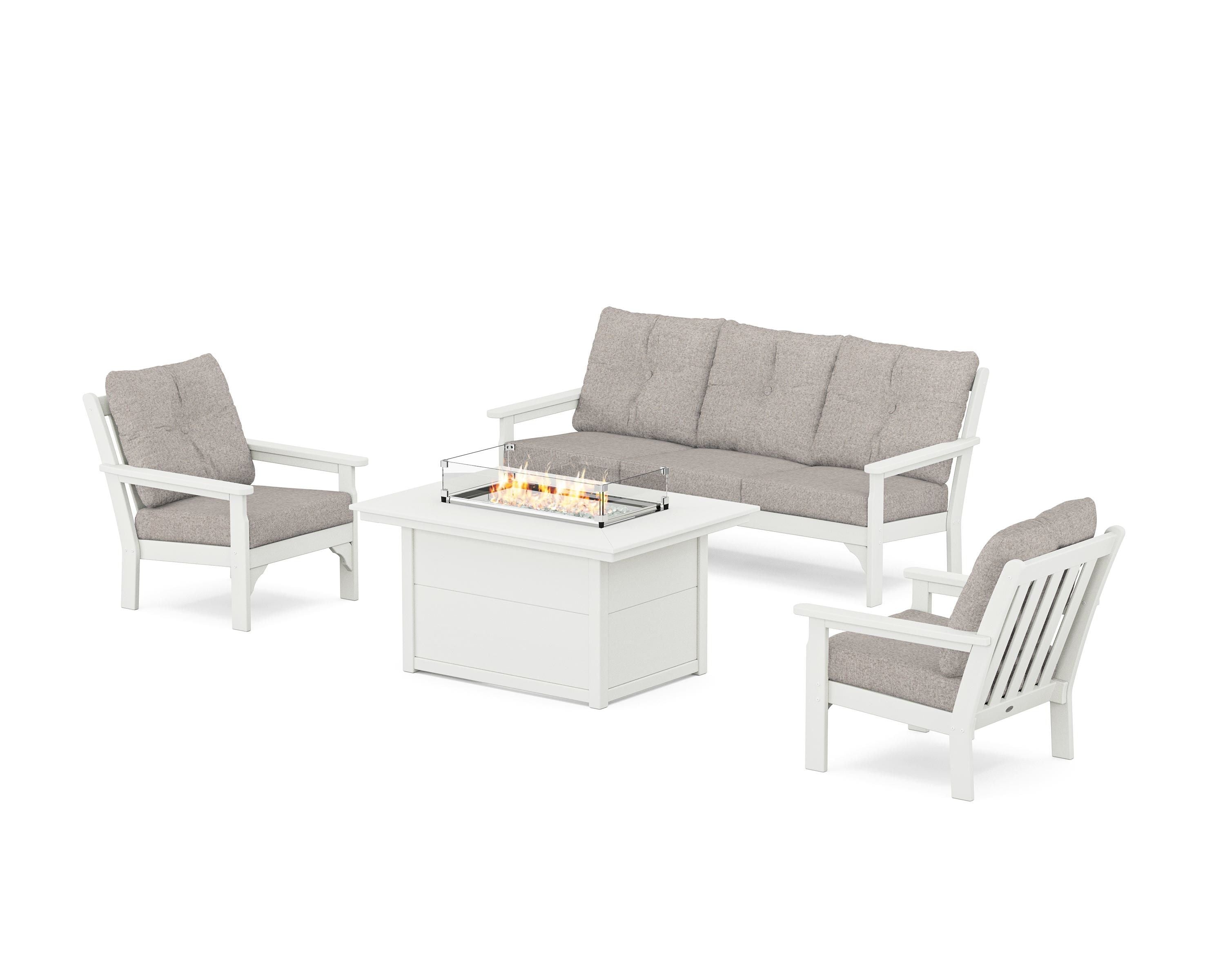 POLYWOOD Vineyard Deep Seating Fire Pit Table Set in Vintage White / Weathered Tweed