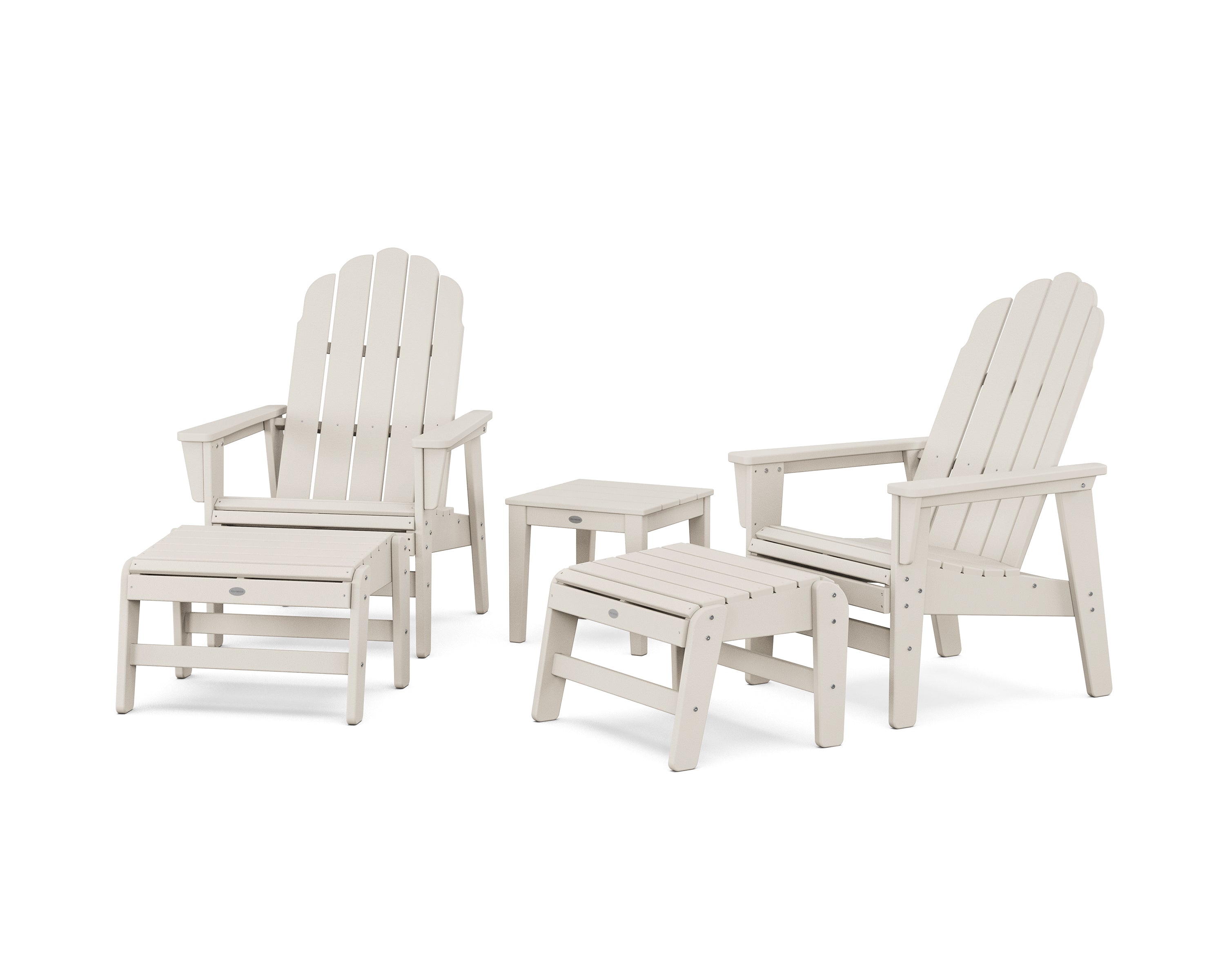 POLYWOOD 5-Piece Vineyard Grand Upright Adirondack Set with Ottomans and Side Table in Sand