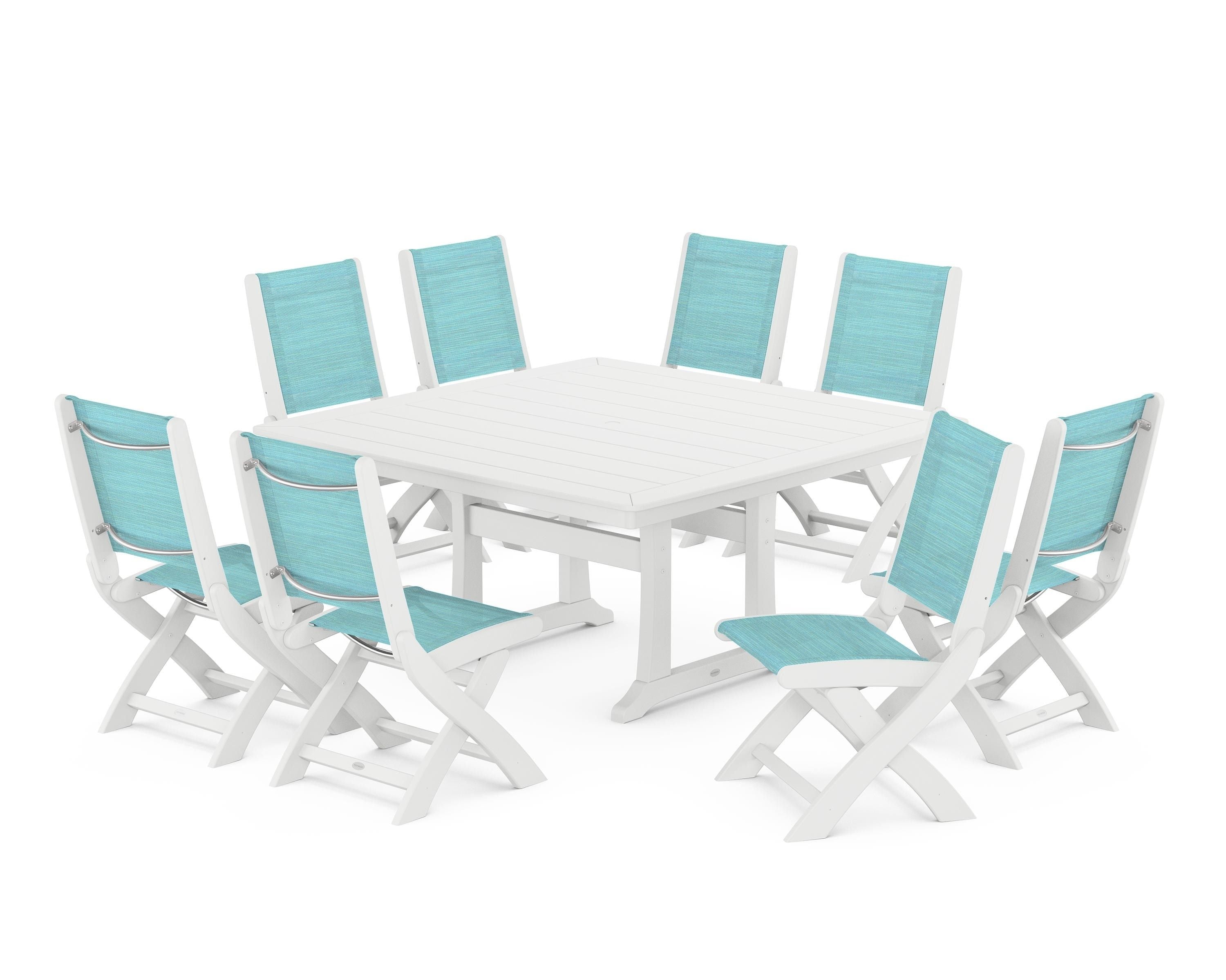 POLYWOOD Coastal Folding Side Chair 9-Piece Dining Set with Trestle Legs in White / Dupioni Aquamarine Sling