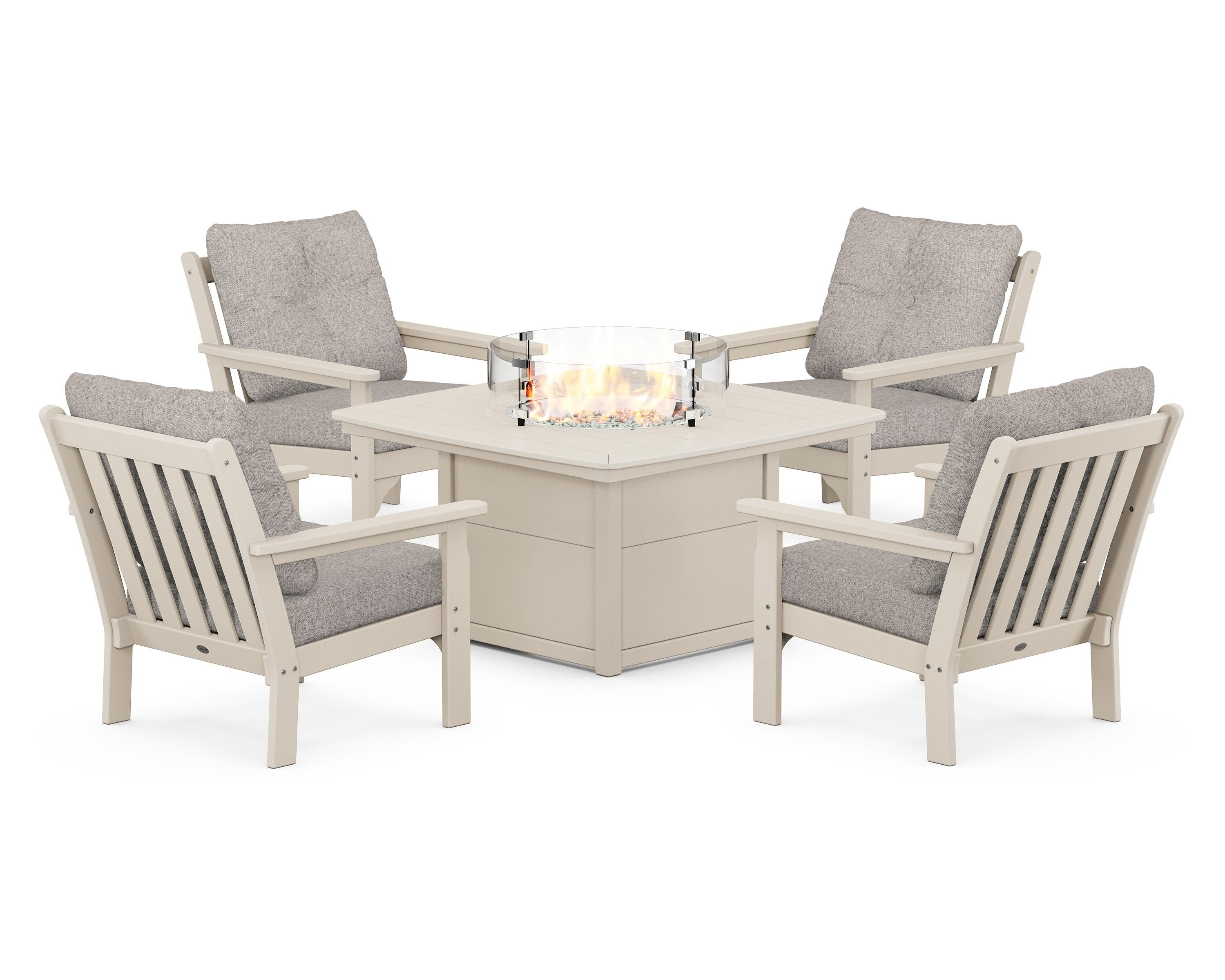 POLYWOOD Vineyard 5-Piece Conversation Set with Fire Pit Table in Sand / Weathered Tweed