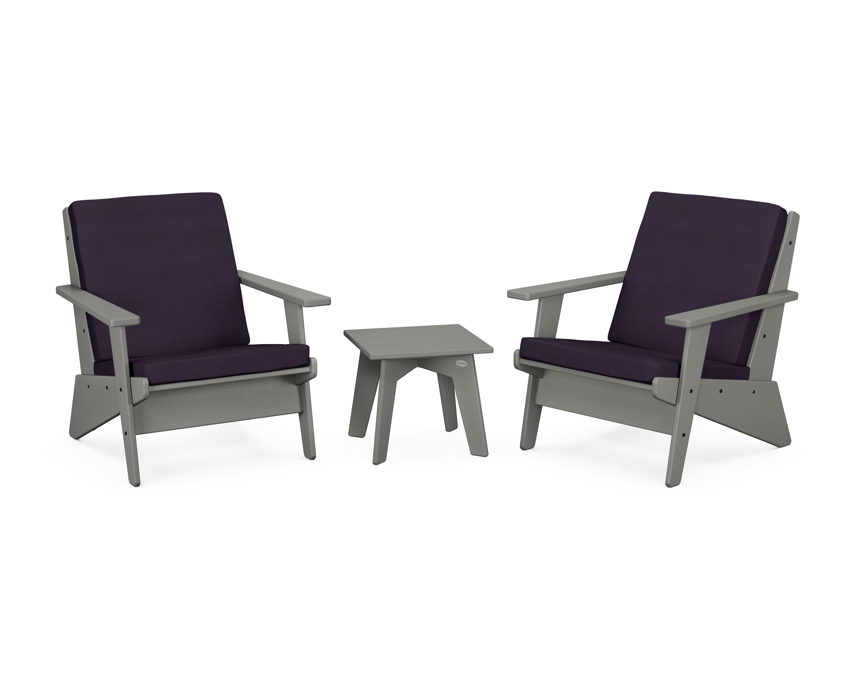 POLYWOOD Riviera Modern Lounge 3-Piece Set in Slate Grey / Navy Linen