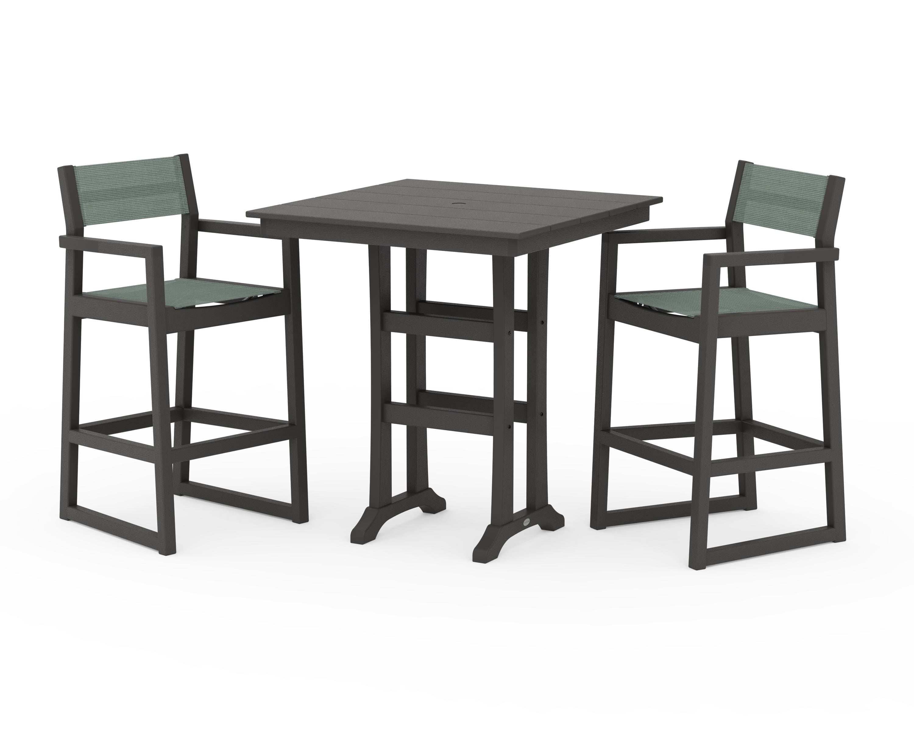 POLYWOOD EDGE Sling Arm Chair 3-Piece Farmhouse Bar Set with Trestle Legs in Vintage Coffee / Dupioni Sea Mist Sling