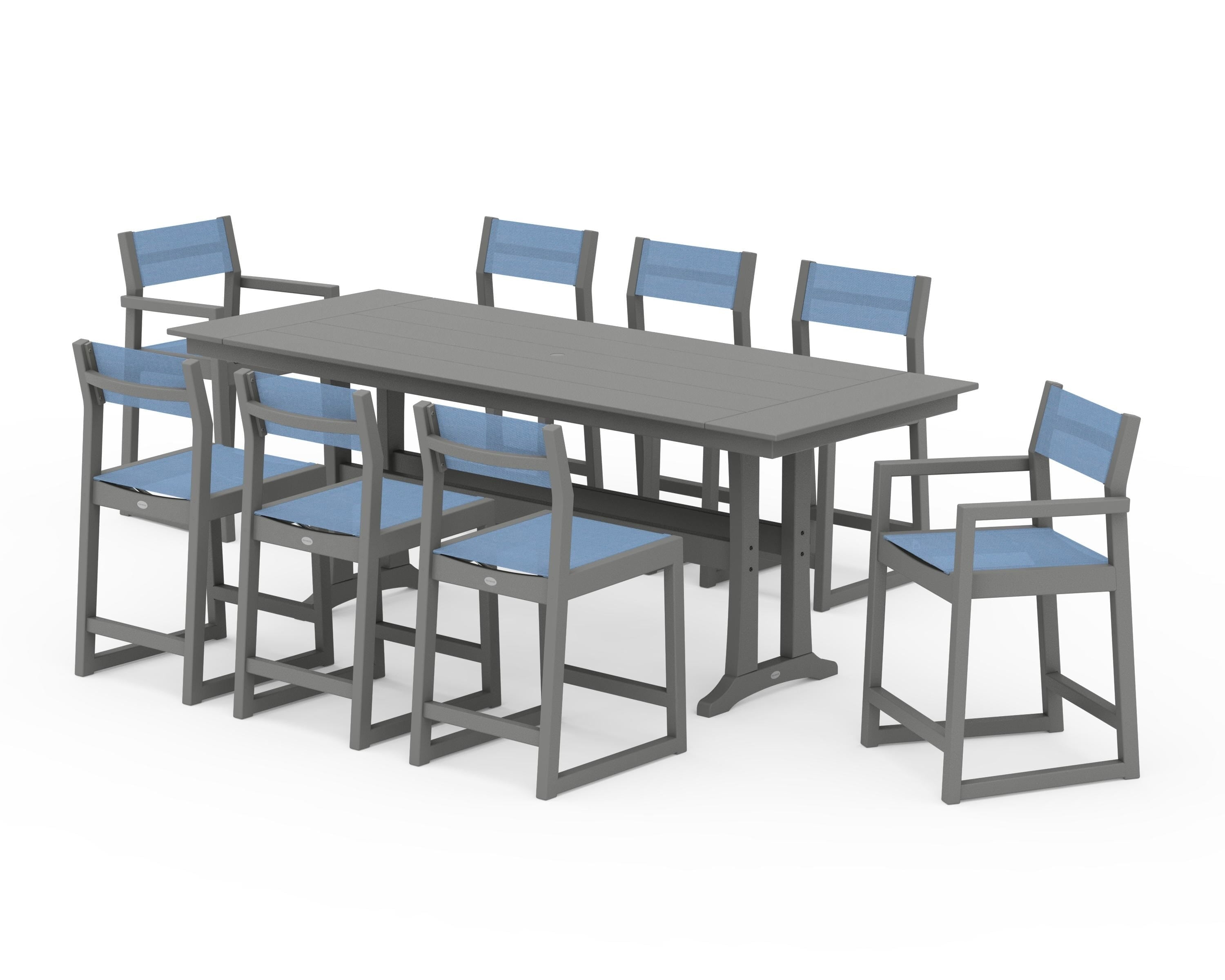 POLYWOOD EDGE Sling 9-Piece Farmhouse Counter Set with Trestle Legs in Slate Grey / Poolside Sling