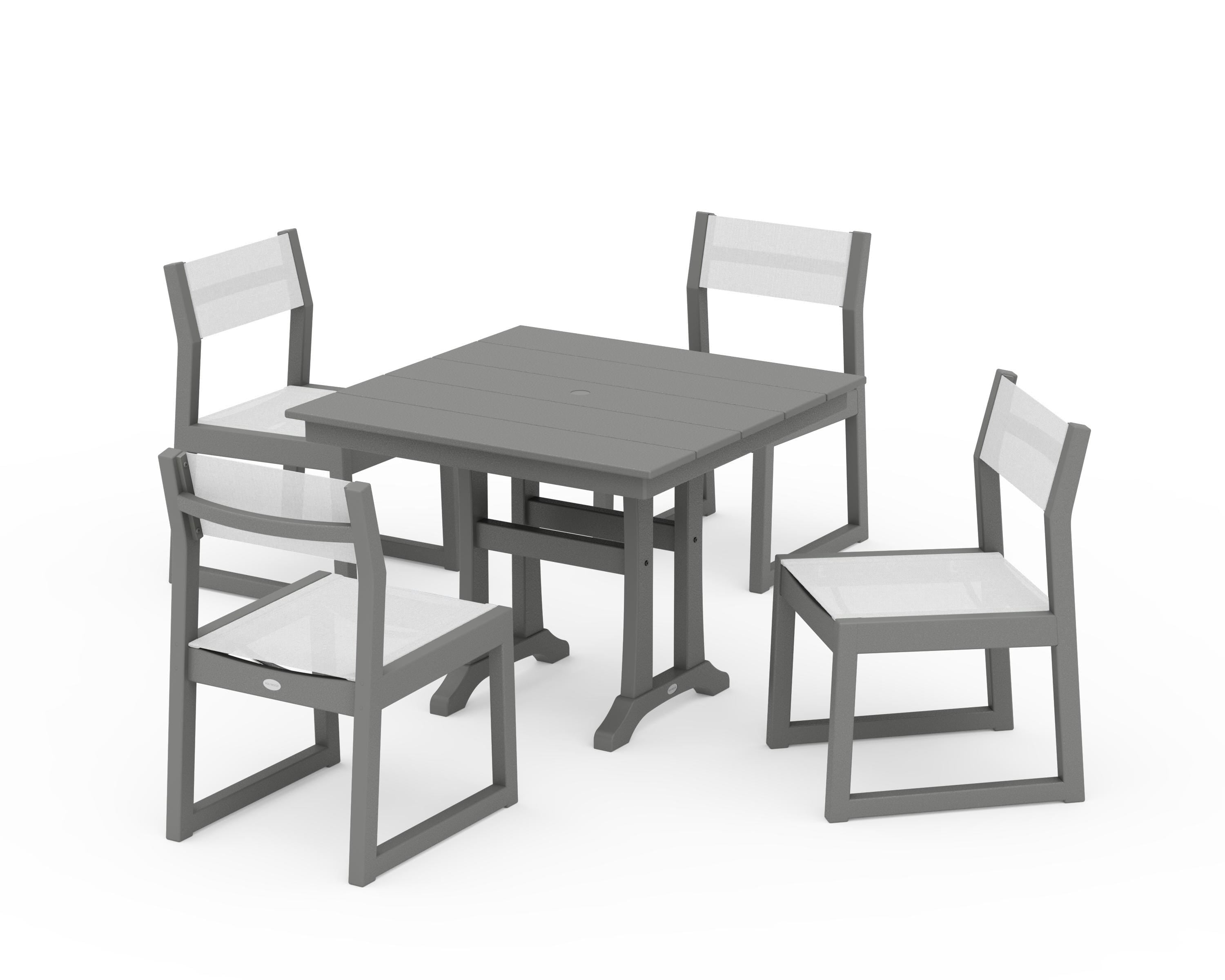 POLYWOOD EDGE Sling 5-Piece Farmhouse Trestle Side Chair Dining Set in Slate Grey / White Sling