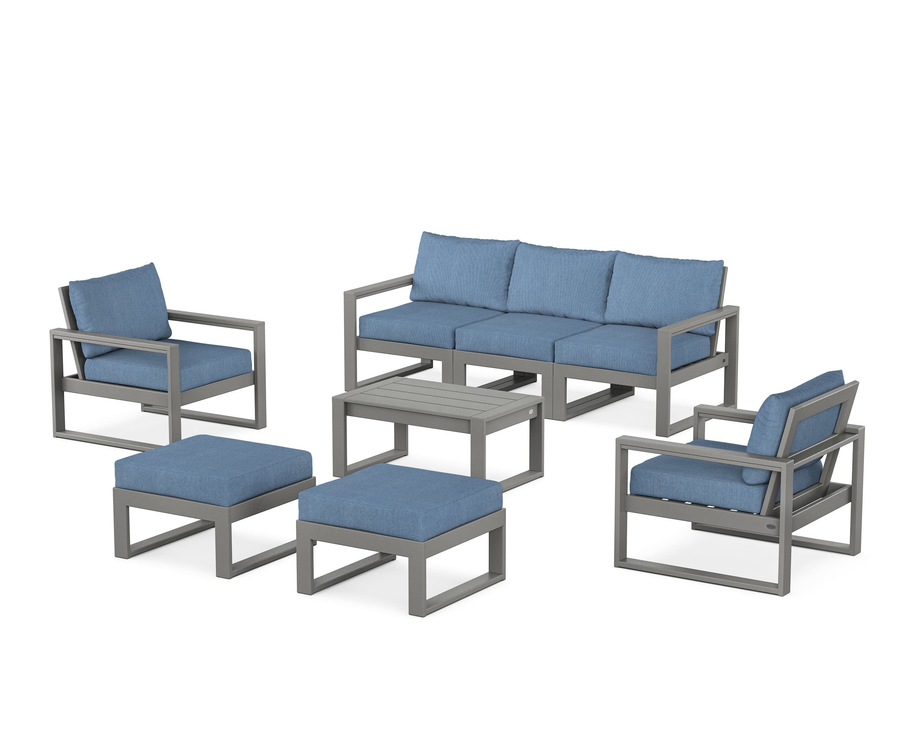 POLYWOOD EDGE Sectional 8-Piece Lounge Sofa Set in Slate Grey / Sky Blue