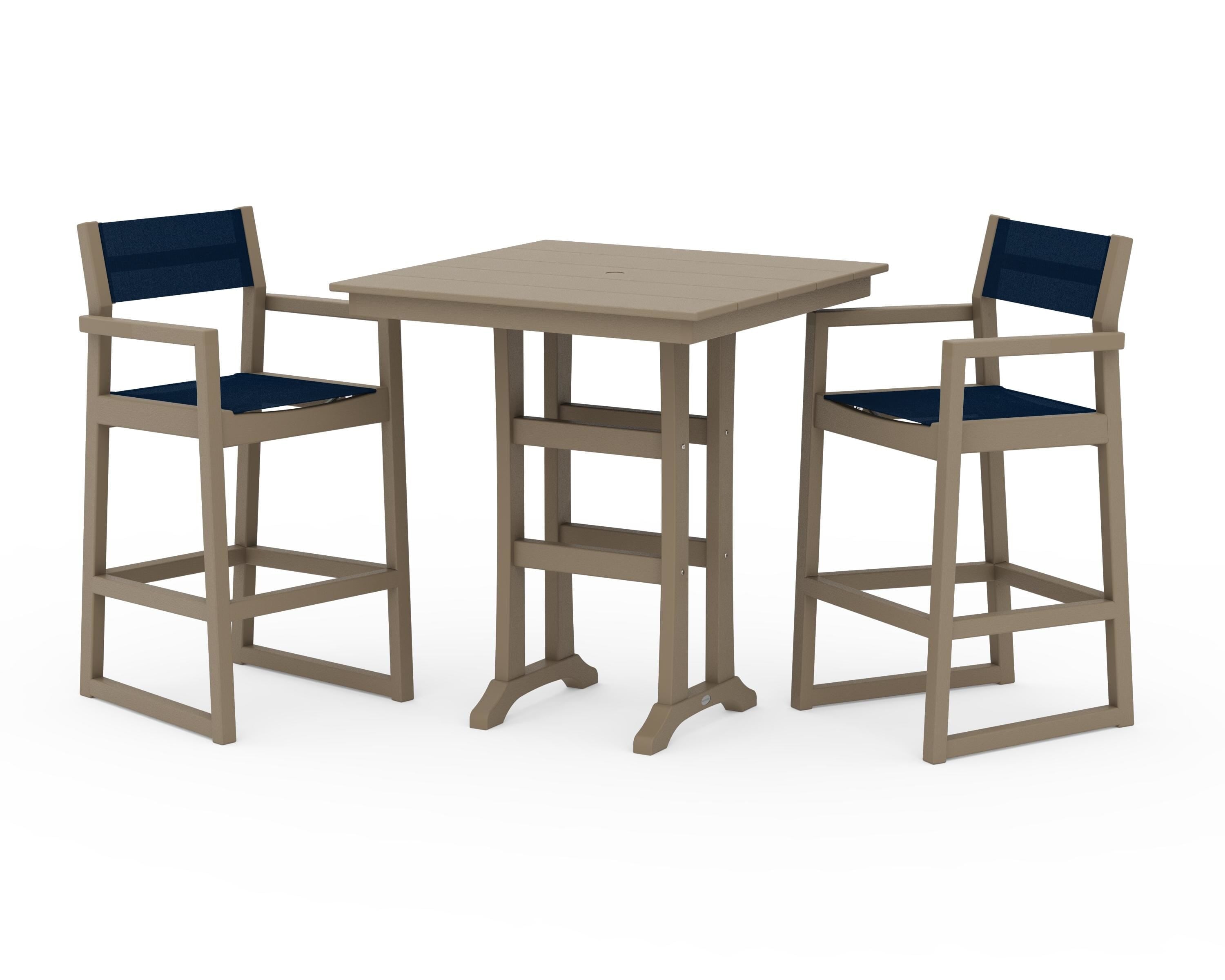 POLYWOOD EDGE Sling Arm Chair 3-Piece Farmhouse Bar Set with Trestle Legs in Vintage Sahara / Navy Blue Sling