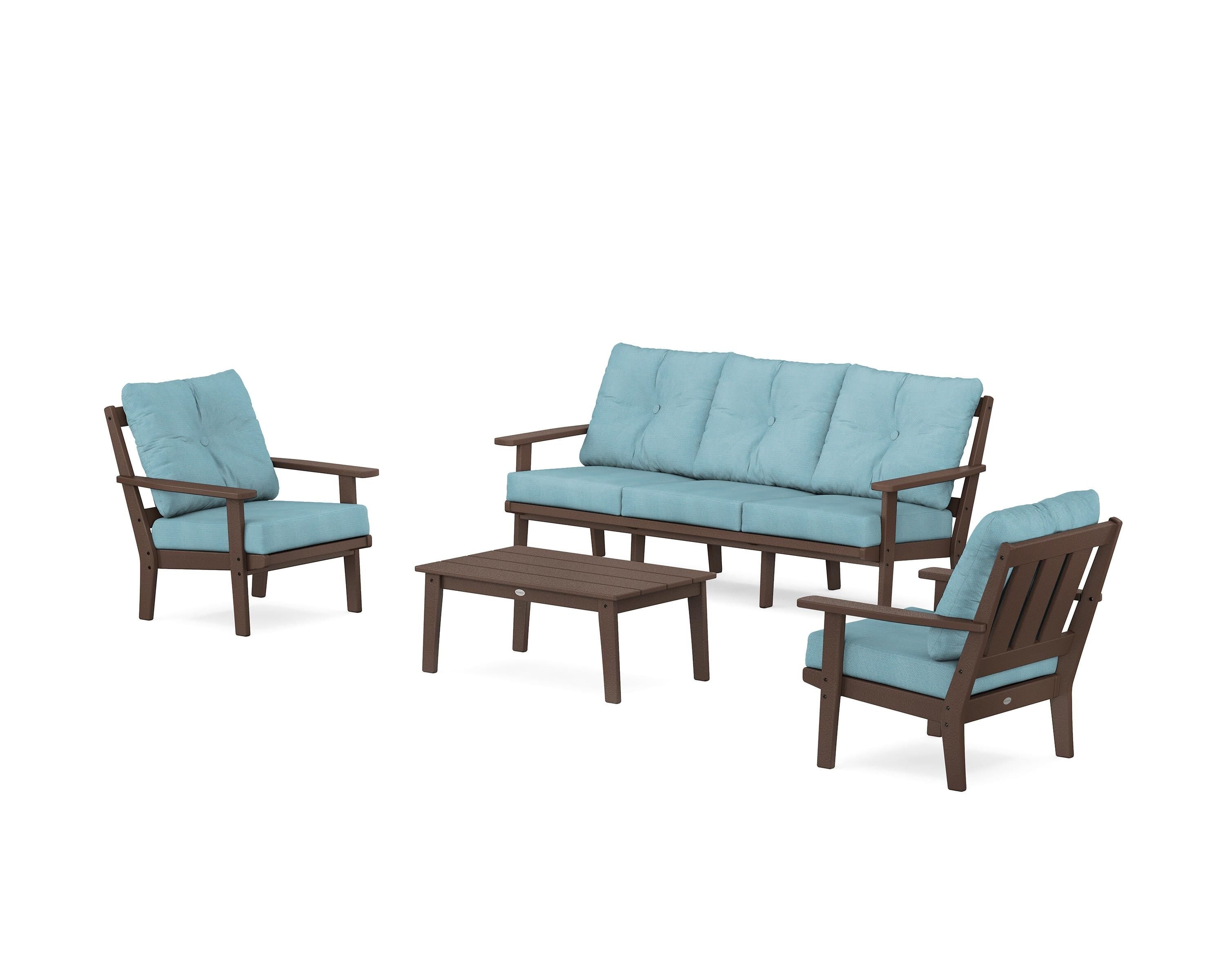 POLYWOOD Oxford 4-Piece Deep Seating Set with Sofa in Mahogany / Lattice Sky Blue