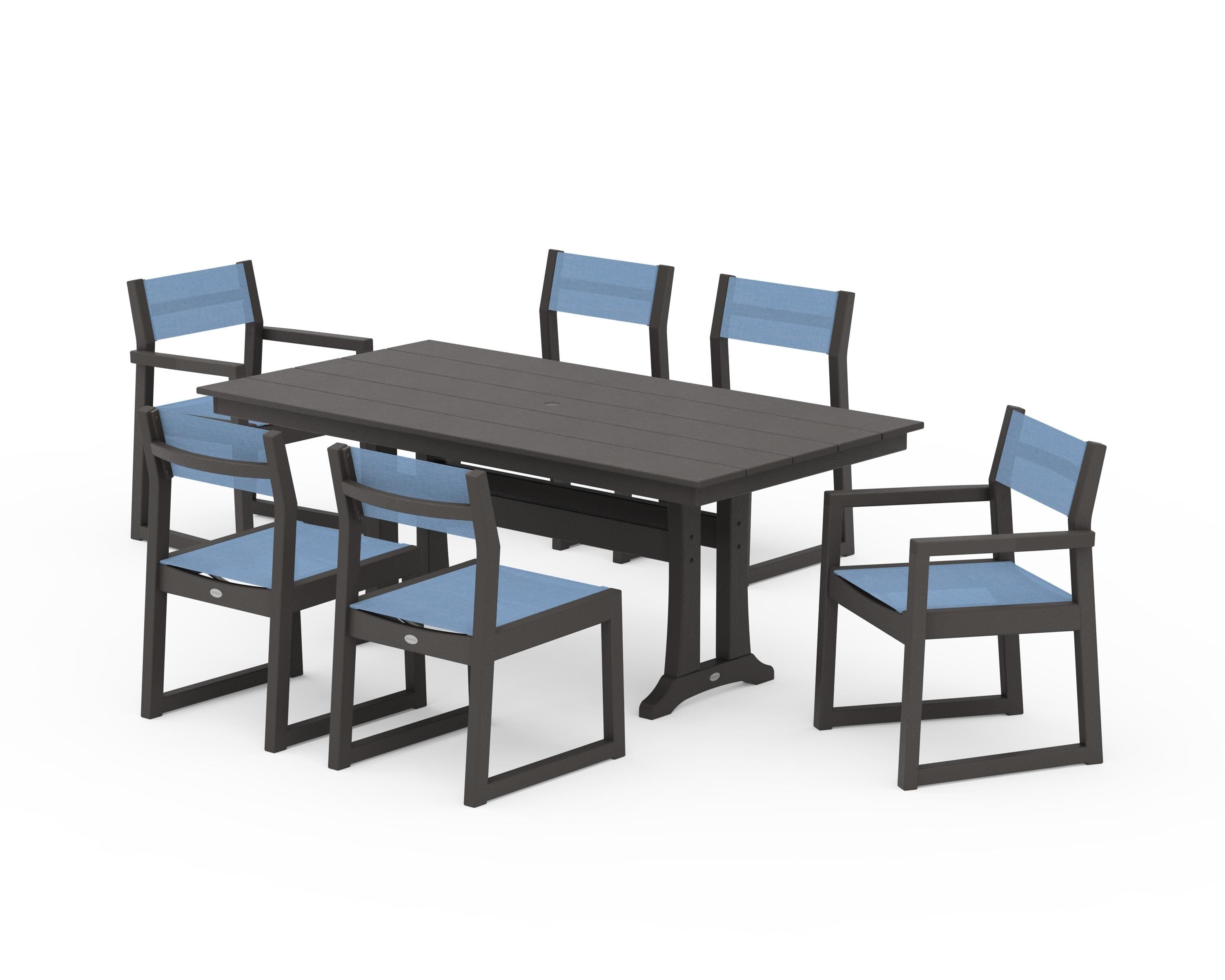 POLYWOOD EDGE Sling 7-Piece Farmhouse Trestle Dining Set in Vintage Coffee / Poolside Sling
