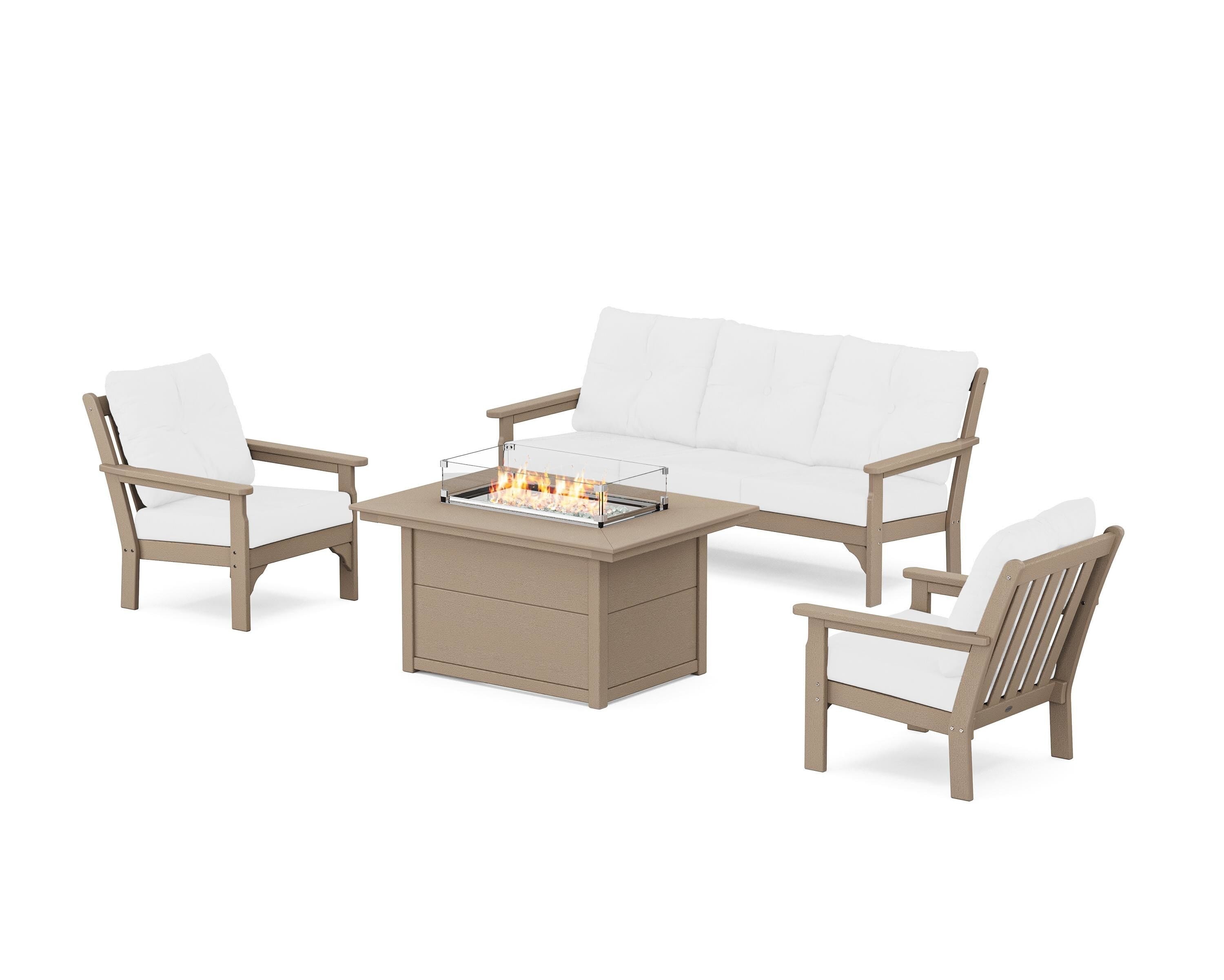 POLYWOOD Vineyard Deep Seating Fire Pit Table Set in Vintage Sahara / Natural
