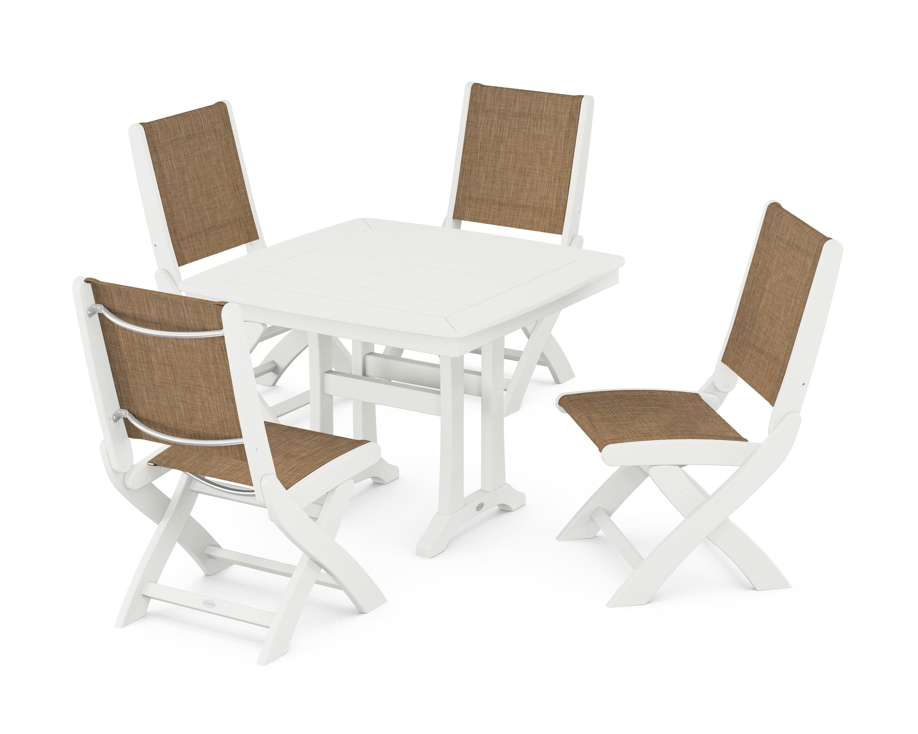 POLYWOOD Coastal Folding Side Chair 5-Piece Dining Set with Trestle Legs in Vintage White / Burlap Sling
