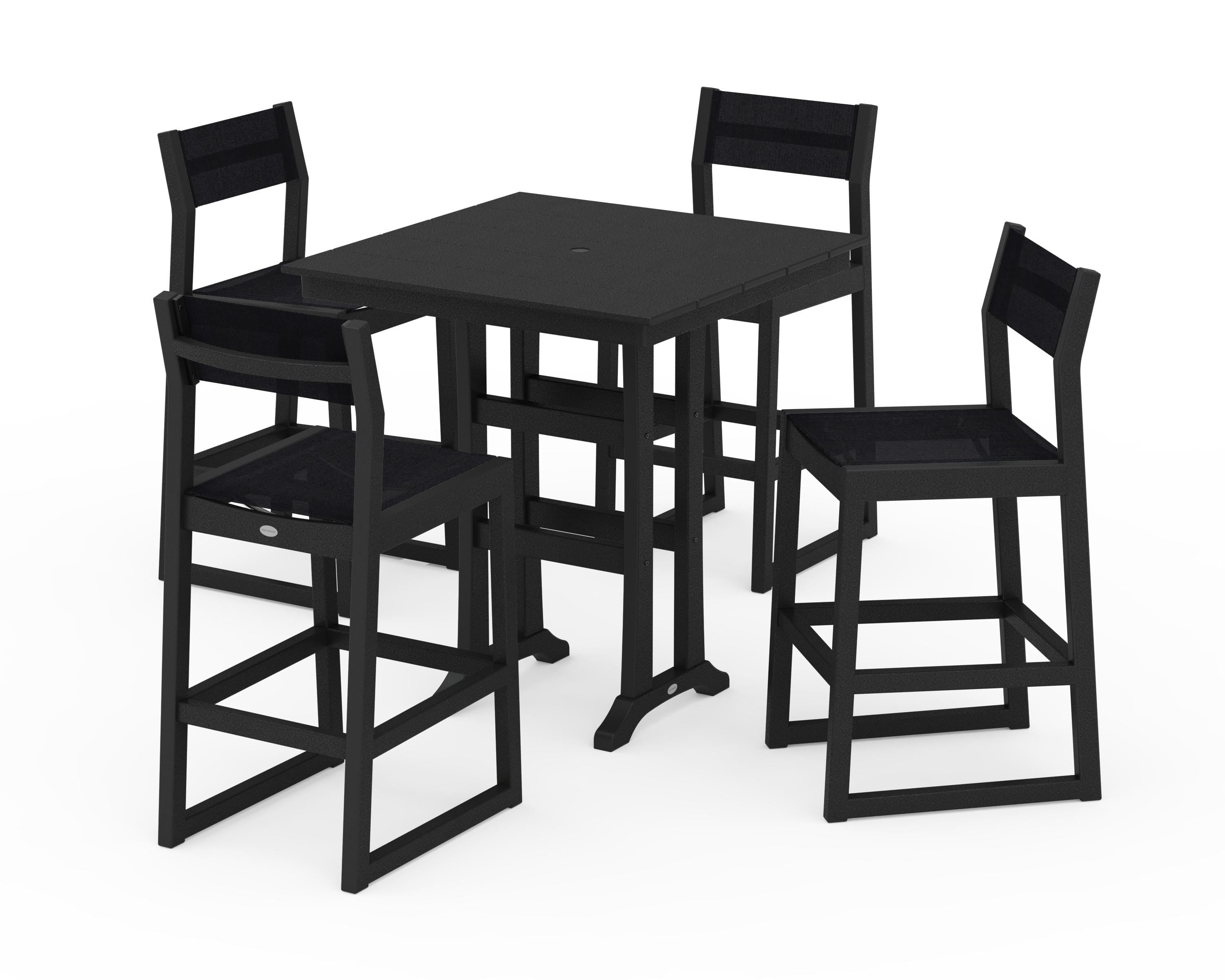 POLYWOOD EDGE Sling Arm Chair 5-Piece Farmhouse Bar Set with Trestle Legs in Black / Black Sling