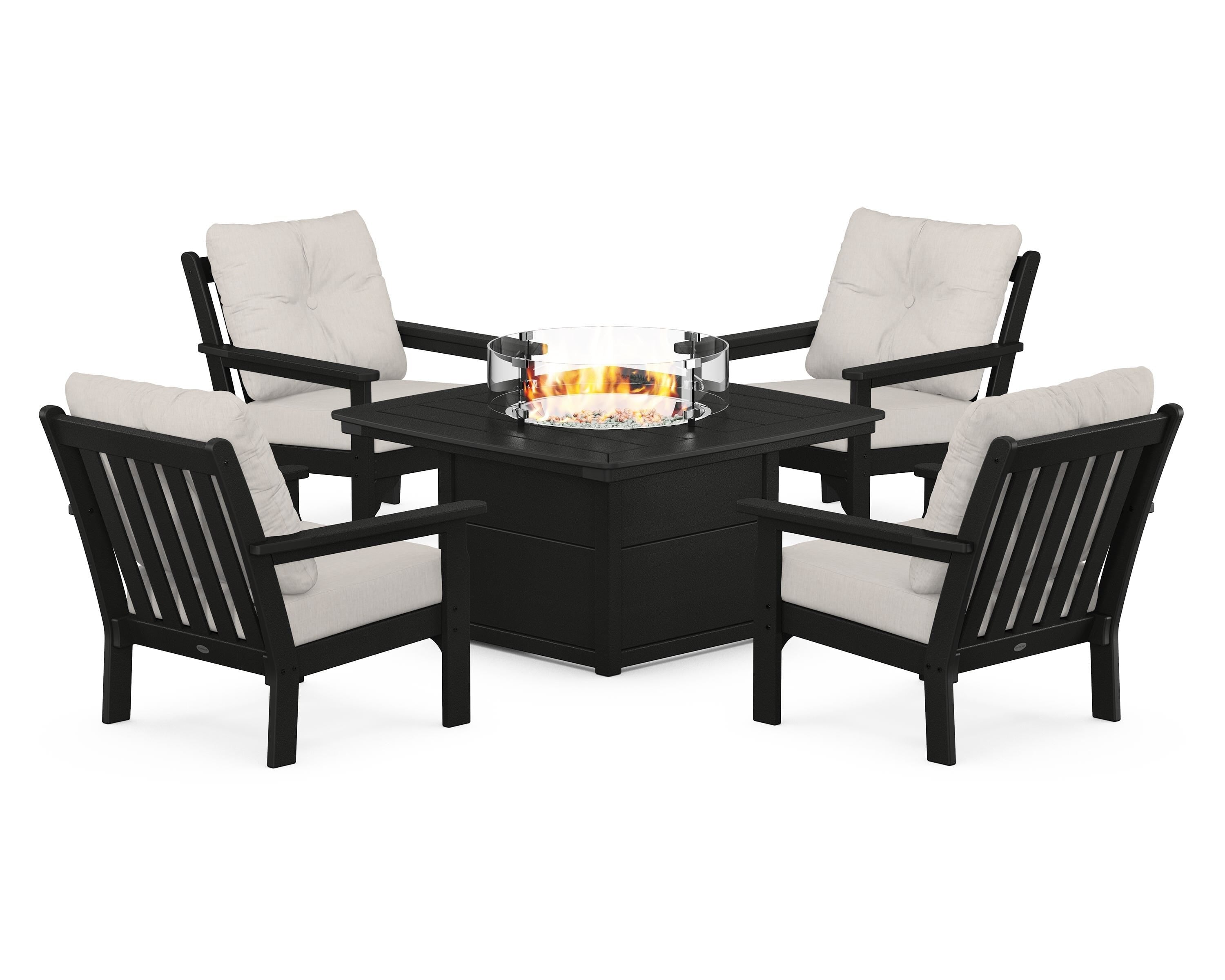 POLYWOOD Vineyard 5-Piece Conversation Set with Fire Pit Table in Black / Cast Ash