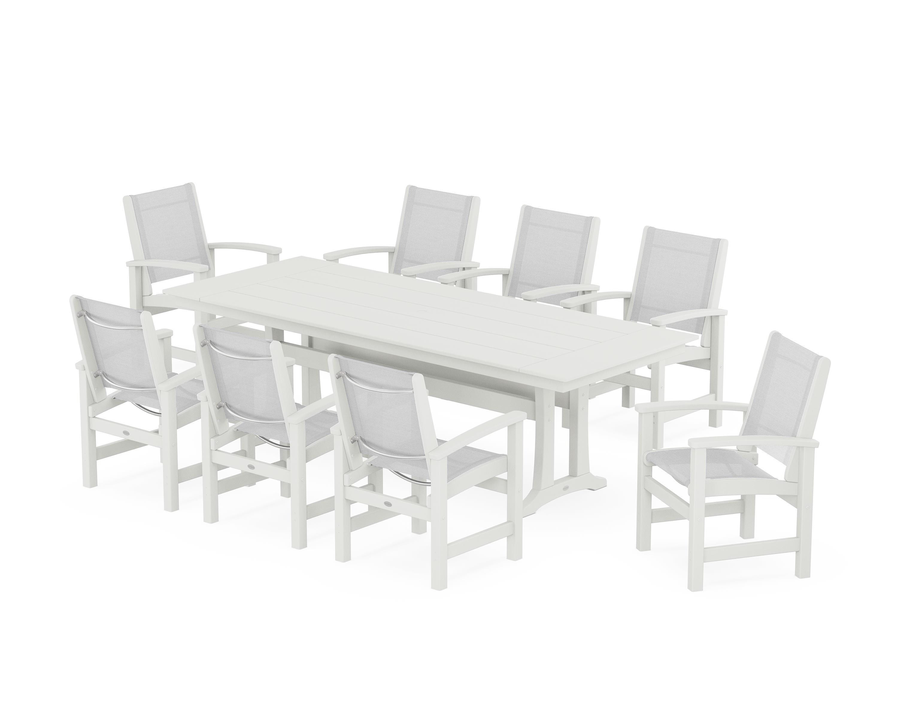 POLYWOOD Coastal 9-Piece Farmhouse Dining Set with Trestle Legs in Vintage White / White Sling