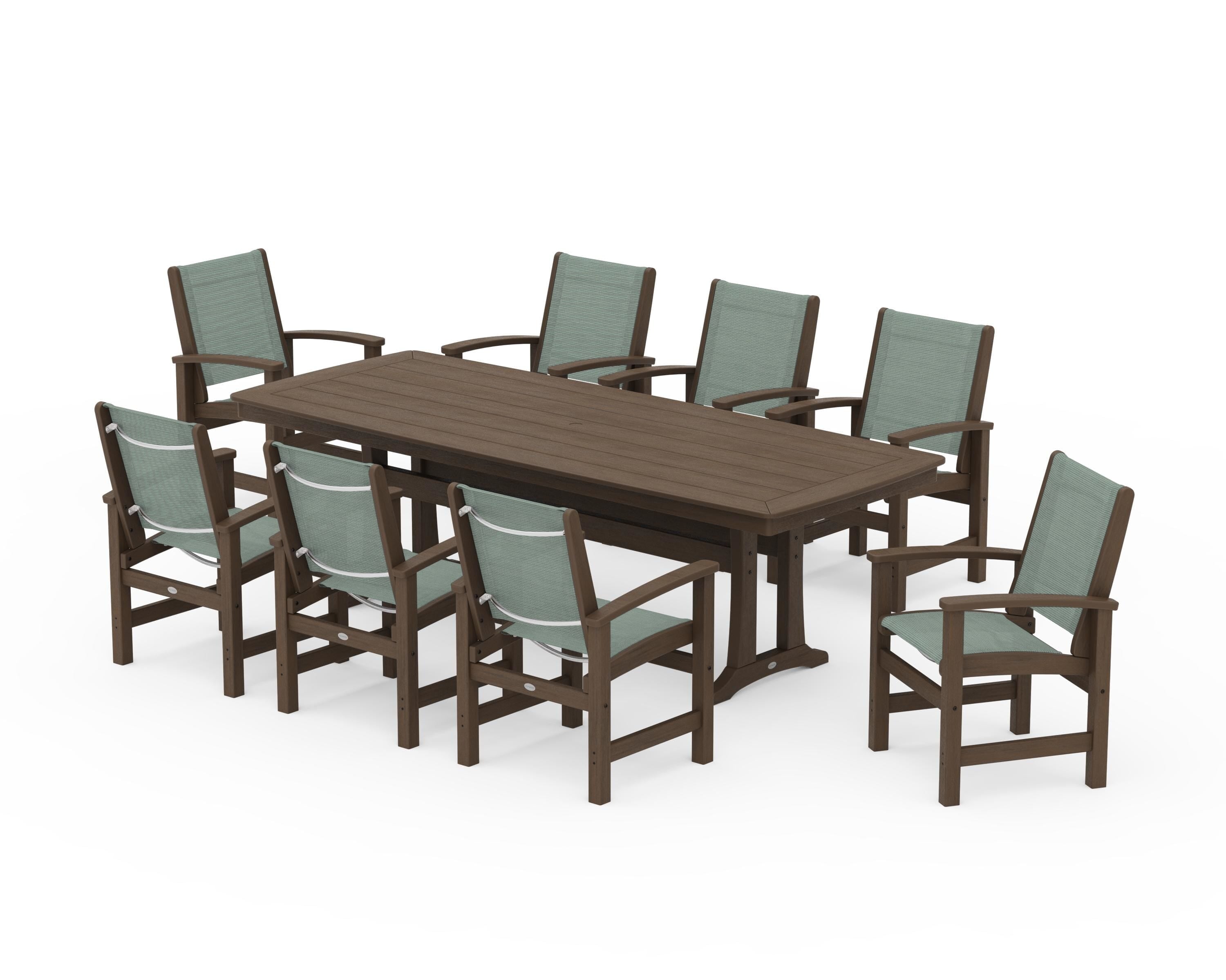 POLYWOOD Coastal 9-Piece Dining Set with Trestle Legs in Kona / Dupioni Sea Mist Sling