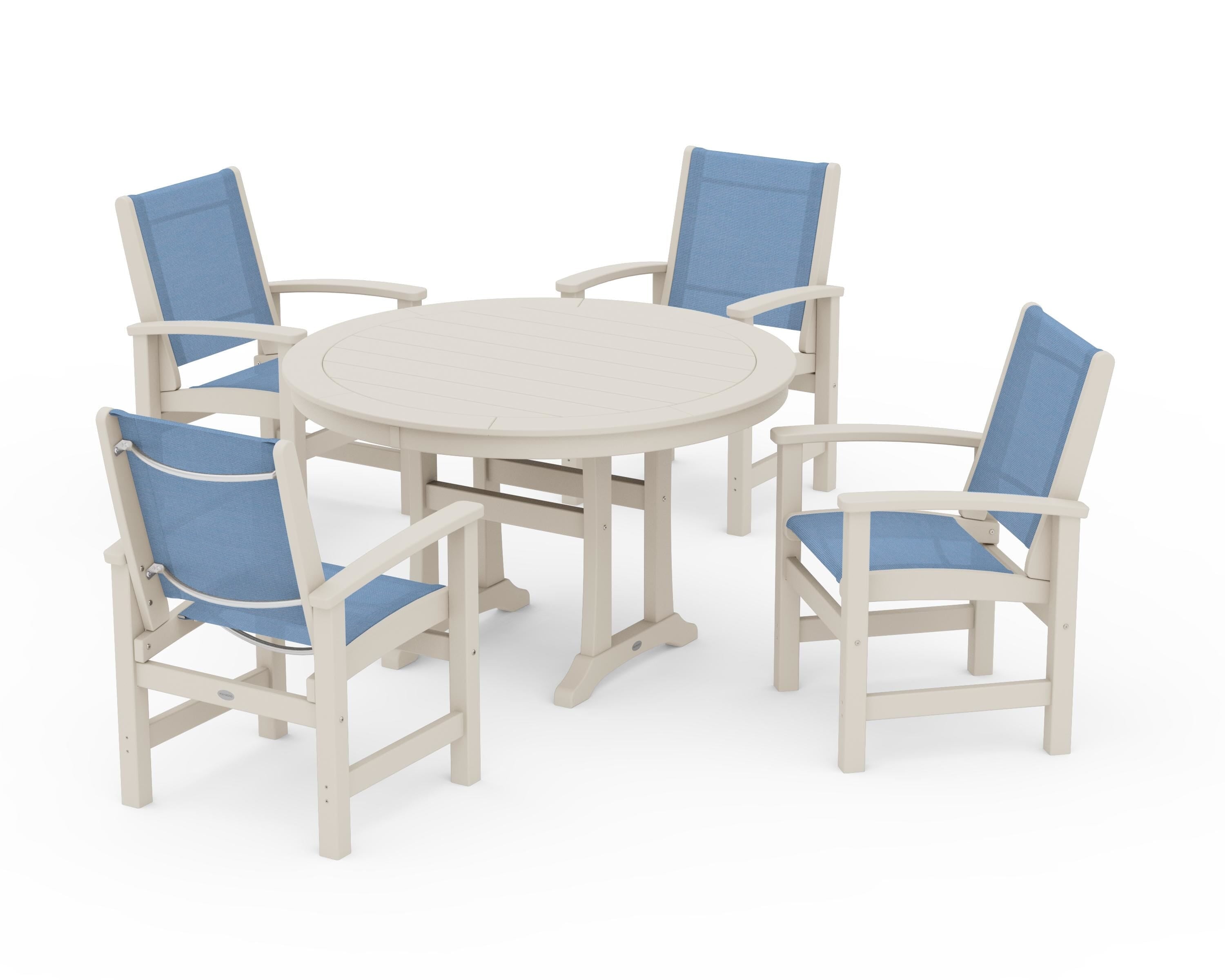 POLYWOOD Coastal 5-Piece Round Dining Set with Trestle Legs in Sand / Poolside Sling