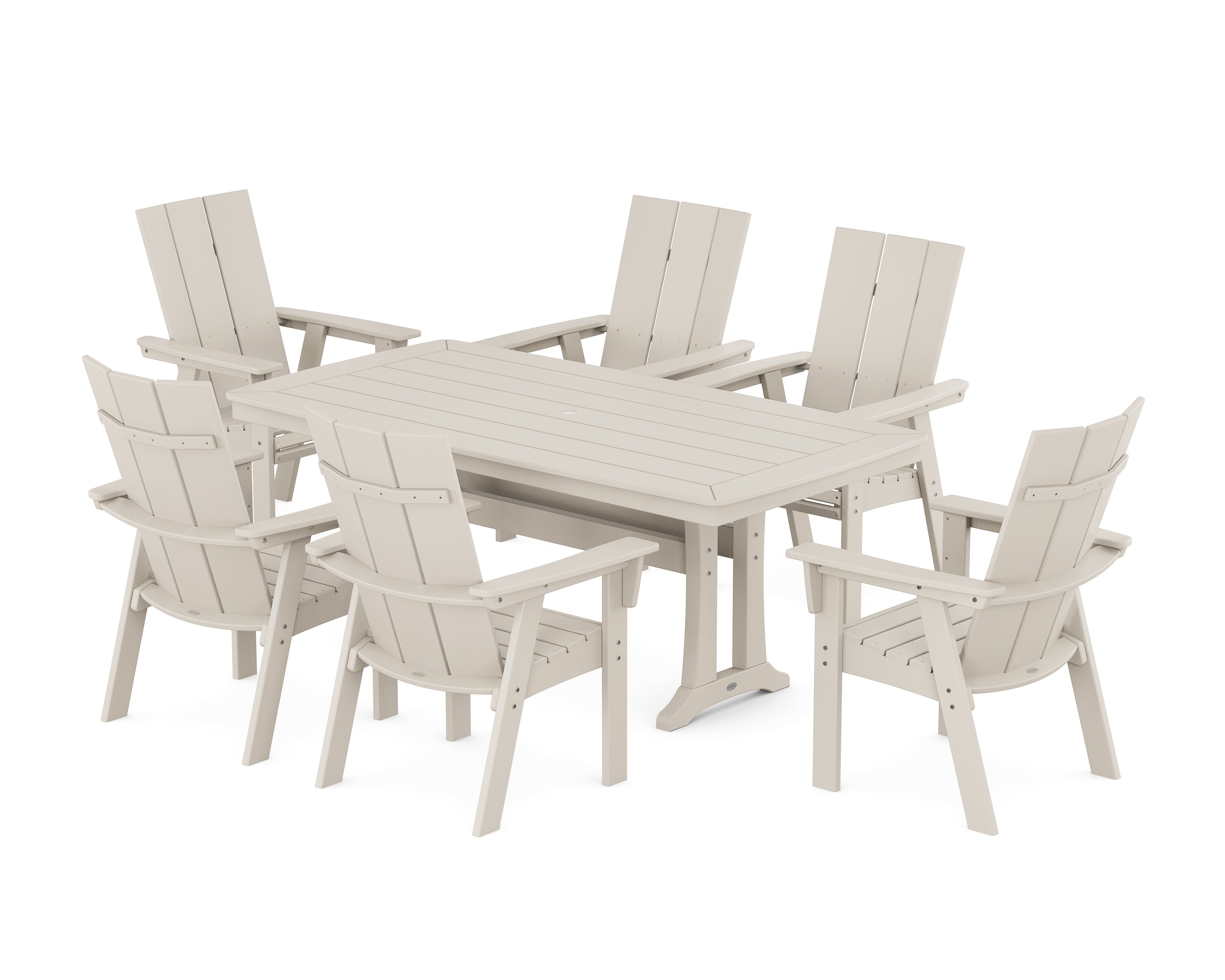 POLYWOOD Modern Curveback Adirondack 7-Piece Dining Set with Trestle Legs in Sand