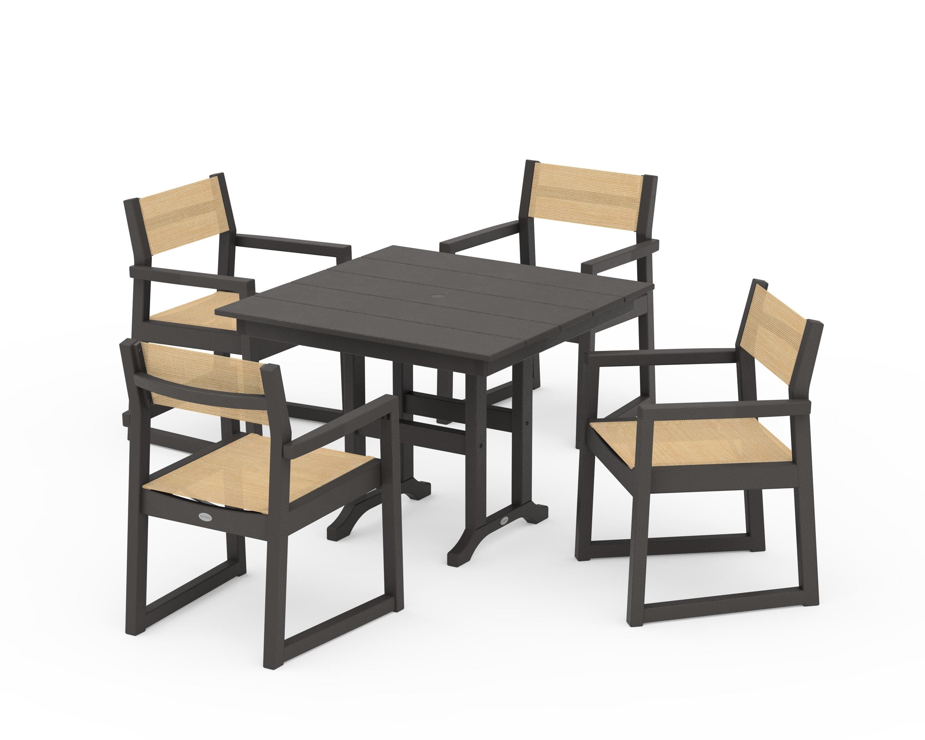 POLYWOOD EDGE Sling Arm Chair 5-Piece Farmhouse Dining Set in Vintage Coffee / Dupioni Apricot Sling