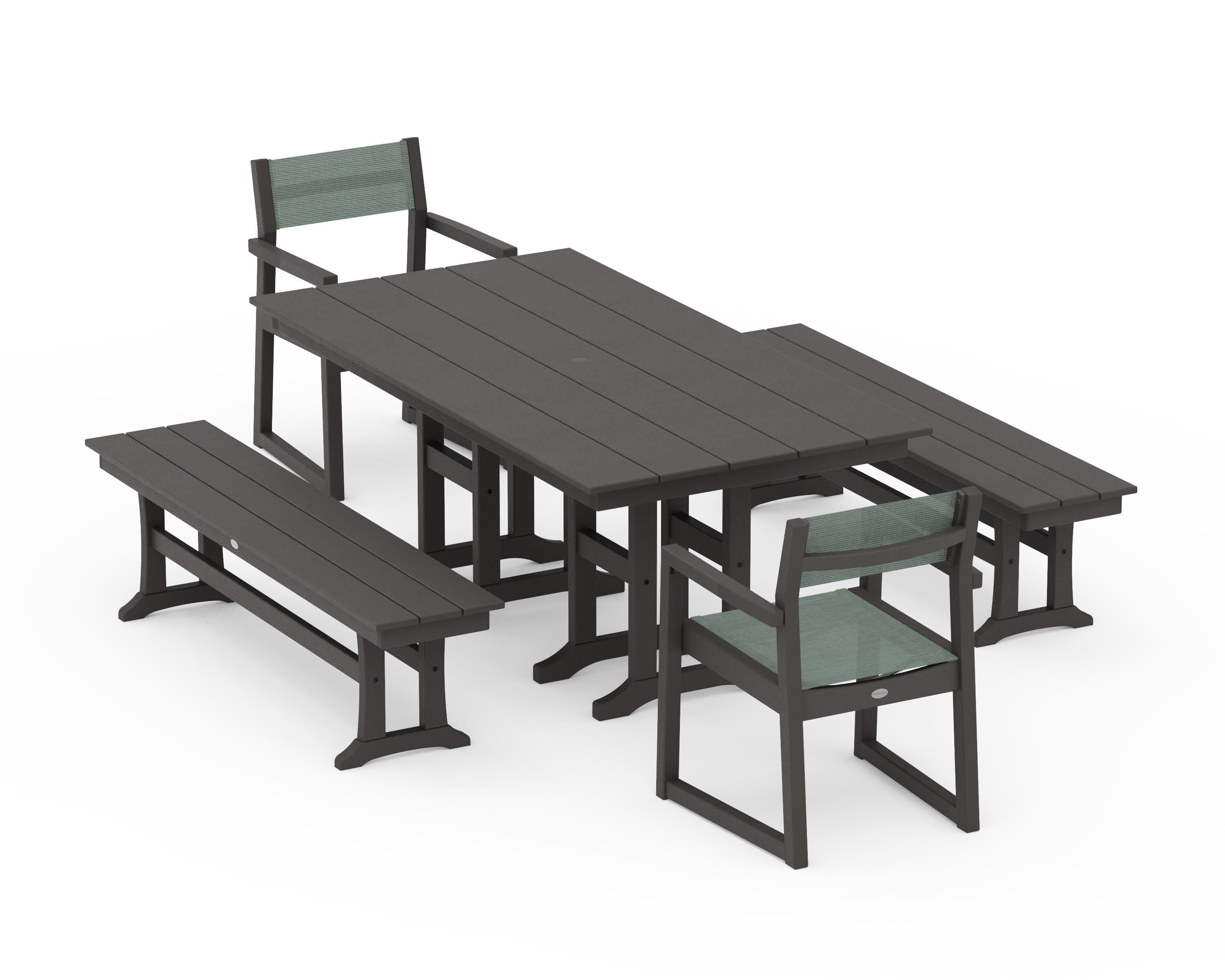 POLYWOOD EDGE Sling Arm Chair 5-Piece Farmhouse Dining Set with Benches in Vintage Coffee / Dupioni Sea Mist Sling