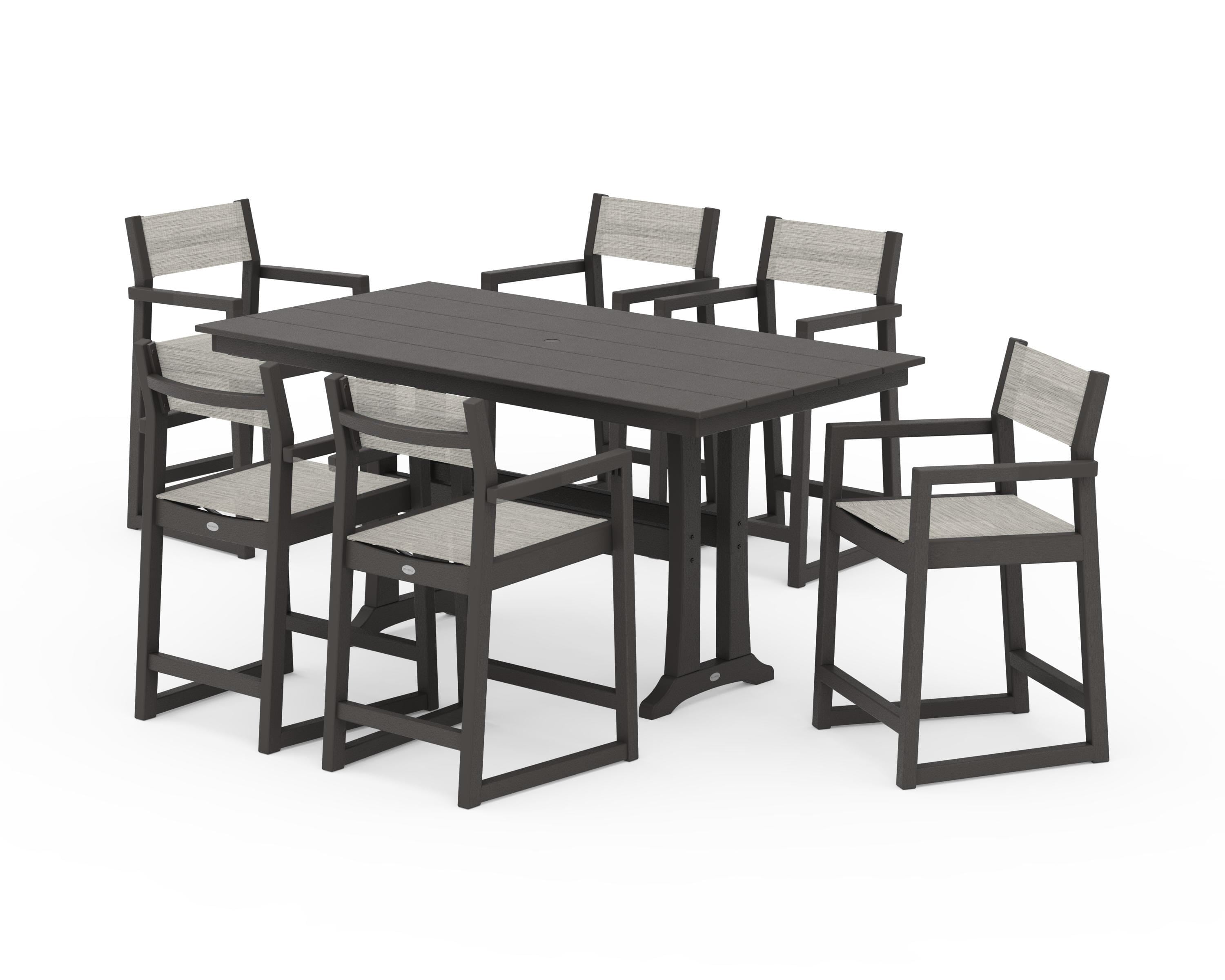 POLYWOOD EDGE Sling Arm Chair 7-Piece Farmhouse Counter Set with Trestle Legs in Vintage Coffee / Birch Sling