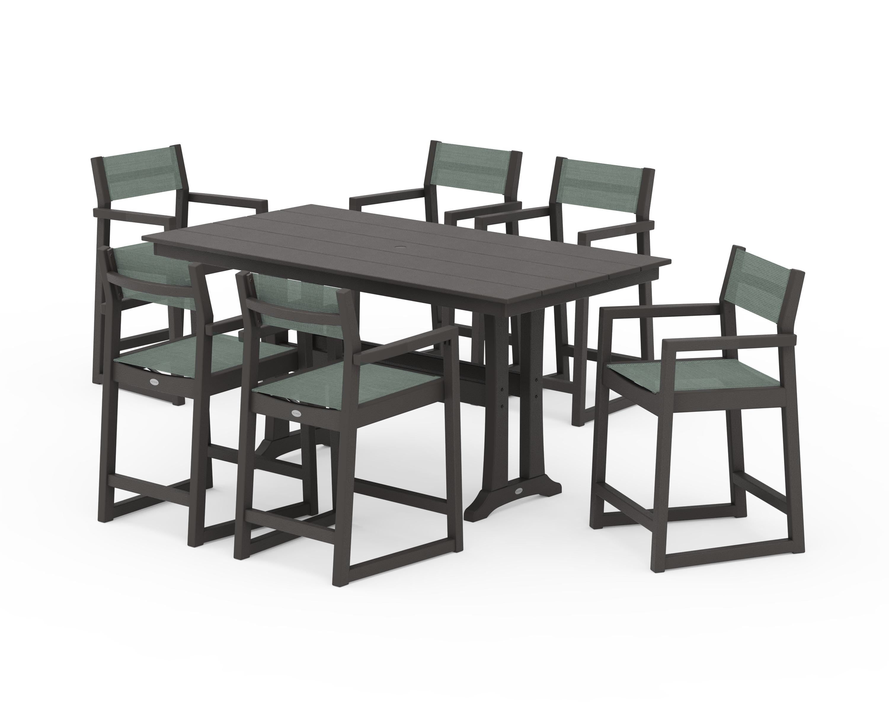 POLYWOOD EDGE Sling Arm Chair 7-Piece Farmhouse Counter Set with Trestle Legs in Vintage Coffee / Dupioni Sea Mist Sling