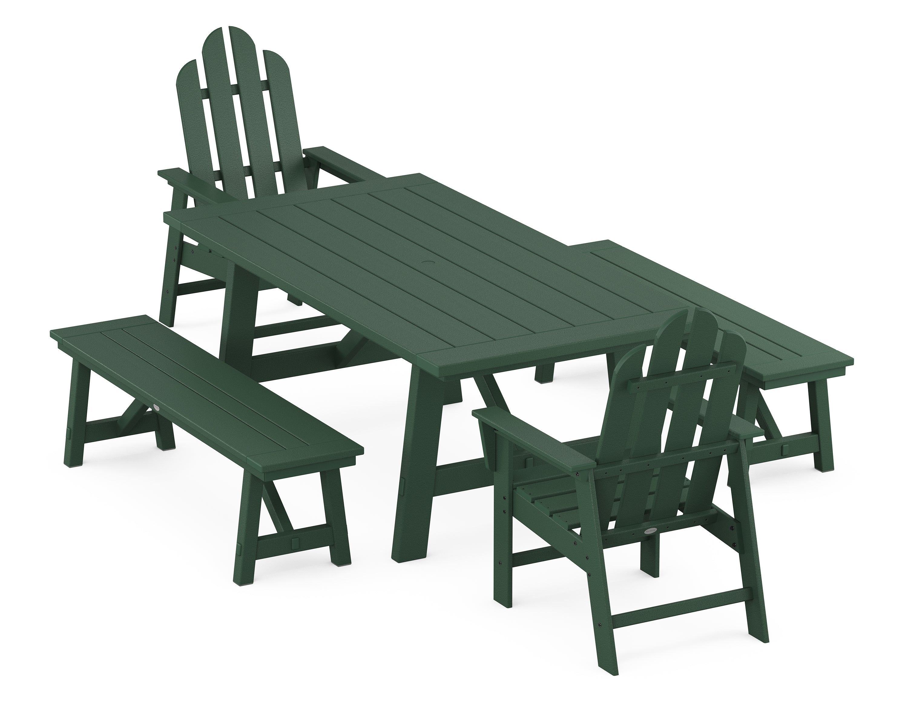 POLYWOOD® Long Island 5-Piece Rustic Farmhouse Dining Set With Benches in Green