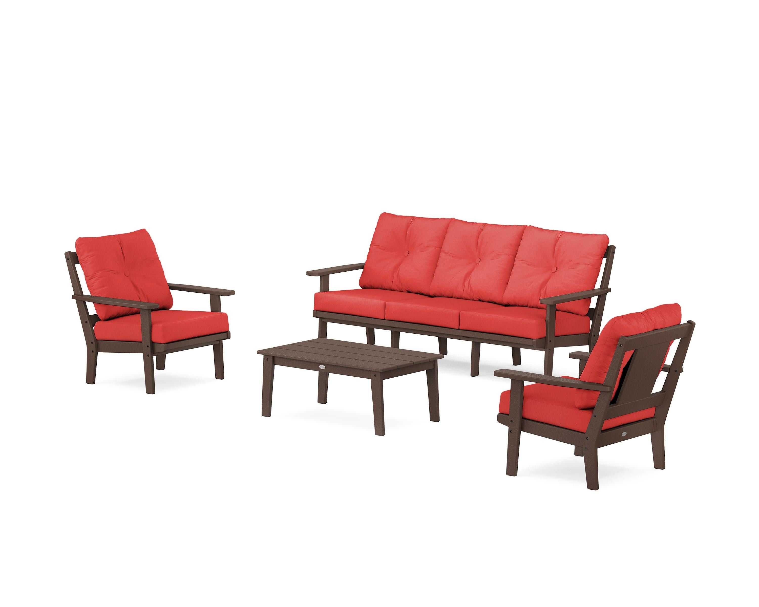 POLYWOOD Prairie 4-Piece Deep Seating Set with Sofa in Mahogany / Crimson Linen
