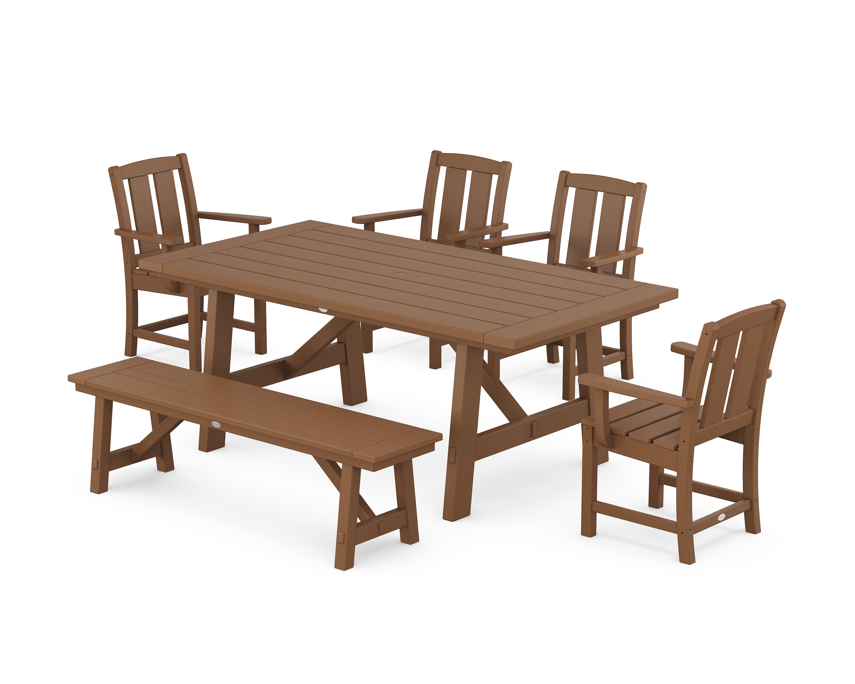 POLYWOOD Mission 6-Piece Rustic Farmhouse Dining Set with Bench in Teak