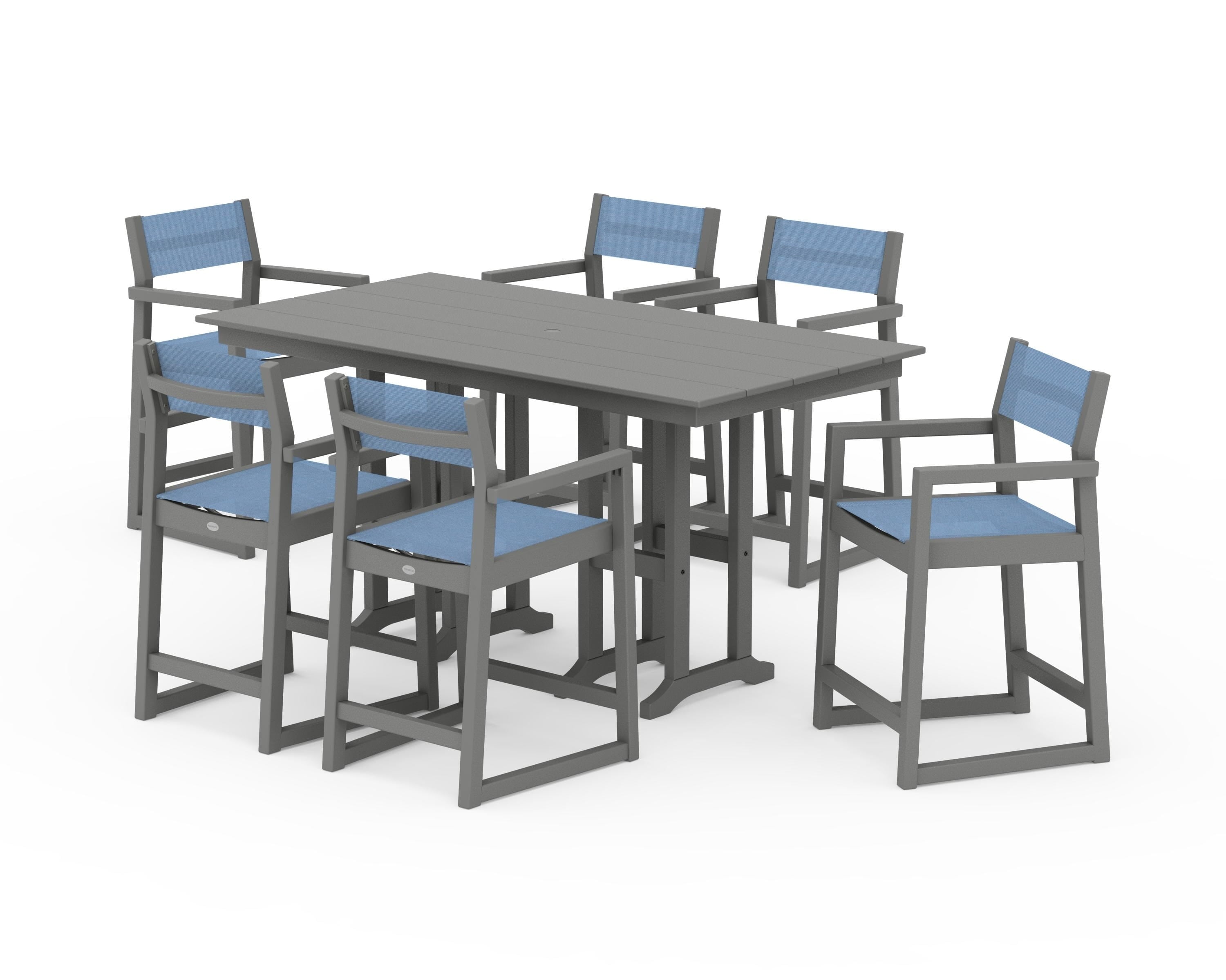 POLYWOOD EDGE Sling Arm Chair 7-Piece Farmhouse Counter Set in Slate Grey / Poolside Sling