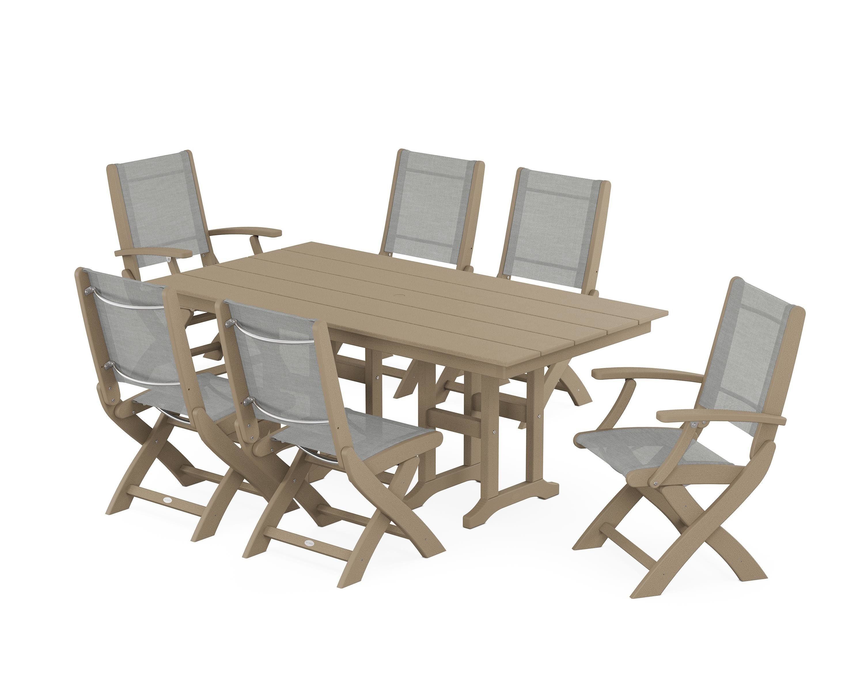 POLYWOOD Coastal Folding Chair 7-Piece Farmhouse Dining Set in Vintage Sahara / Metallic Sling