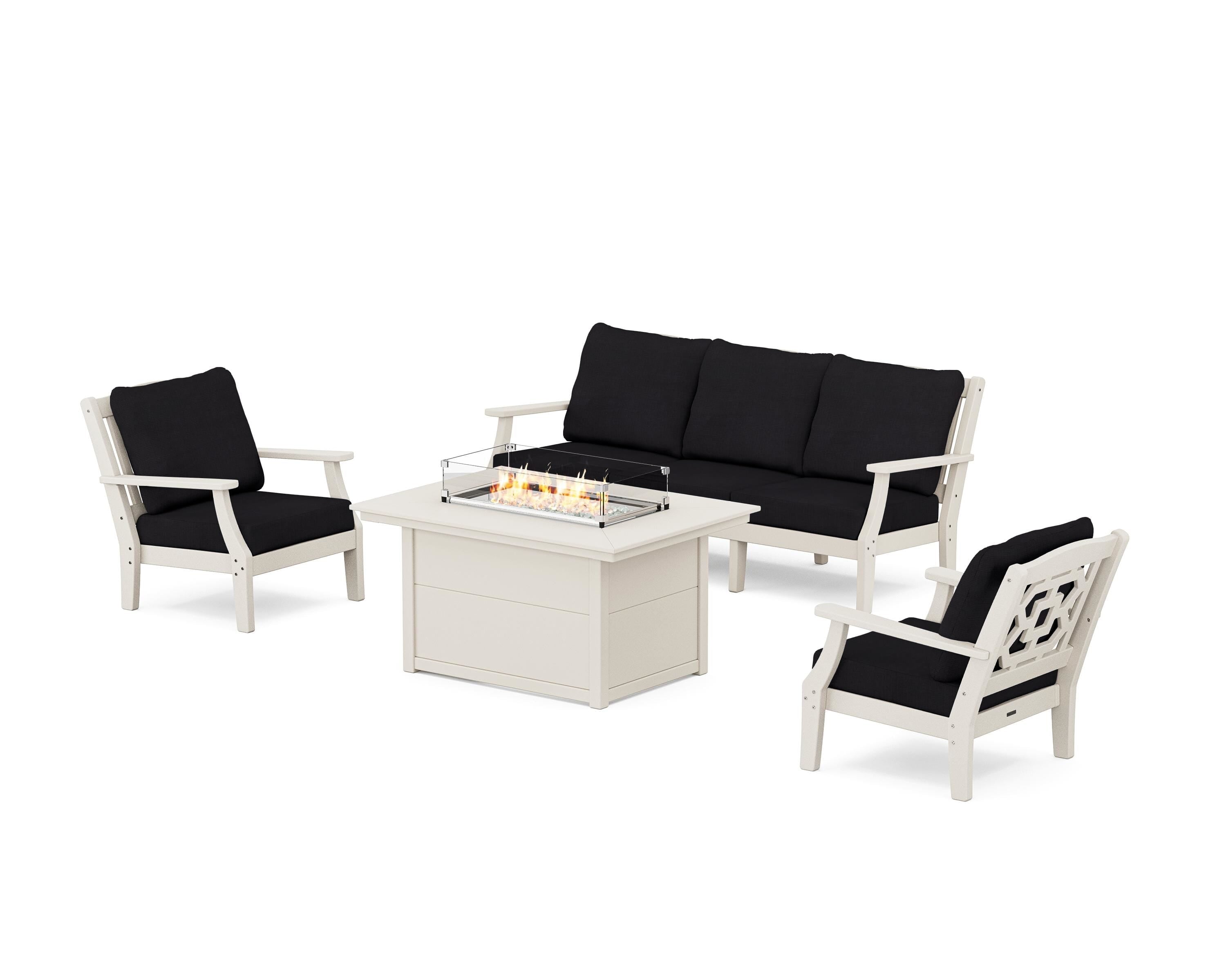 Martha Stewart by POLYWOOD Chinoiserie Deep Seating Fire Pit Table Set in Sand / Midnight Linen