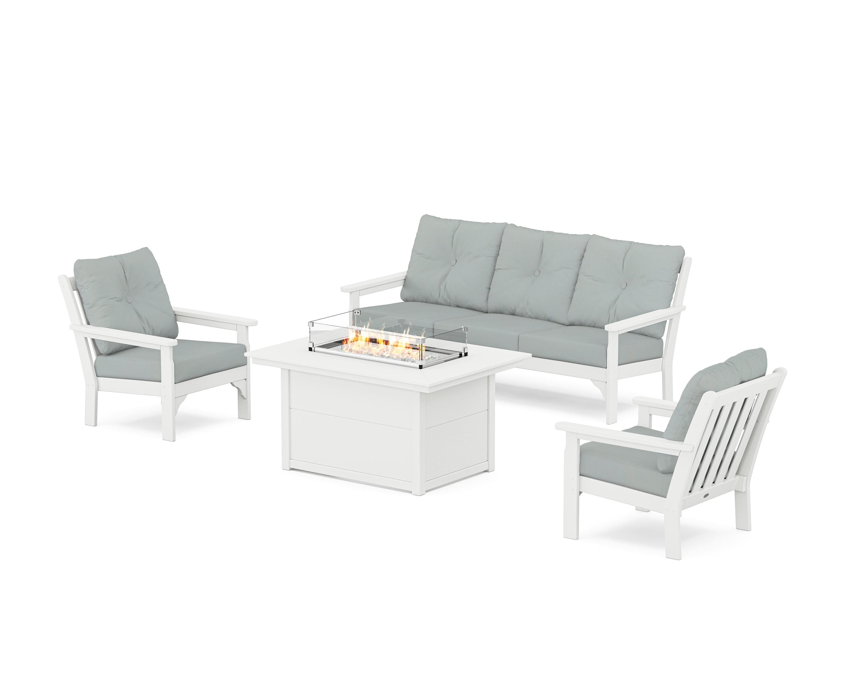 POLYWOOD Vineyard Deep Seating Fire Pit Table Set in White / Spa