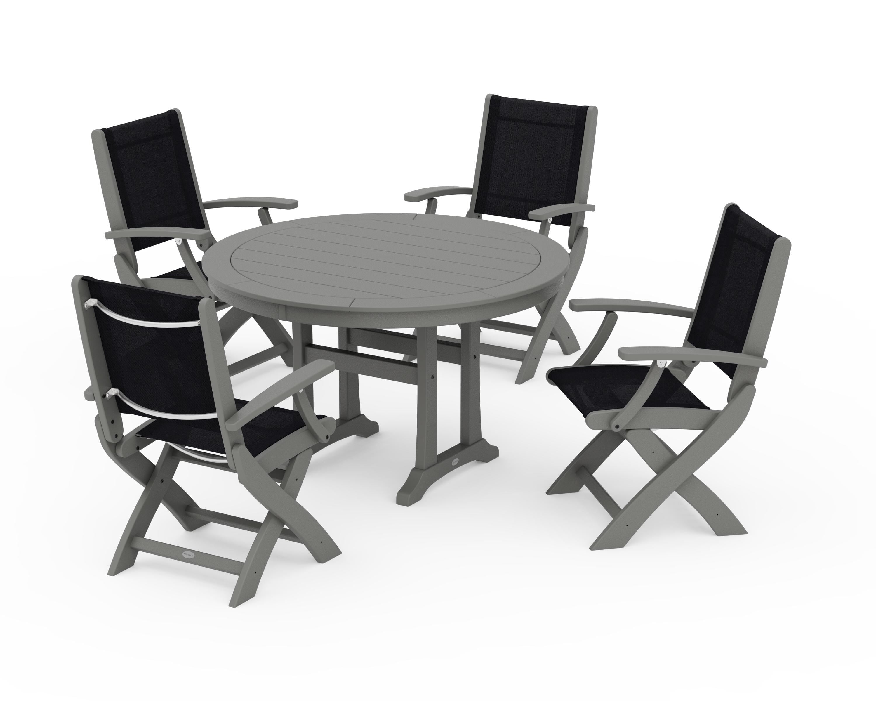 POLYWOOD Coastal Folding Chair 5-Piece Round Dining Set with Trestle Legs in Slate Grey / Black Sling