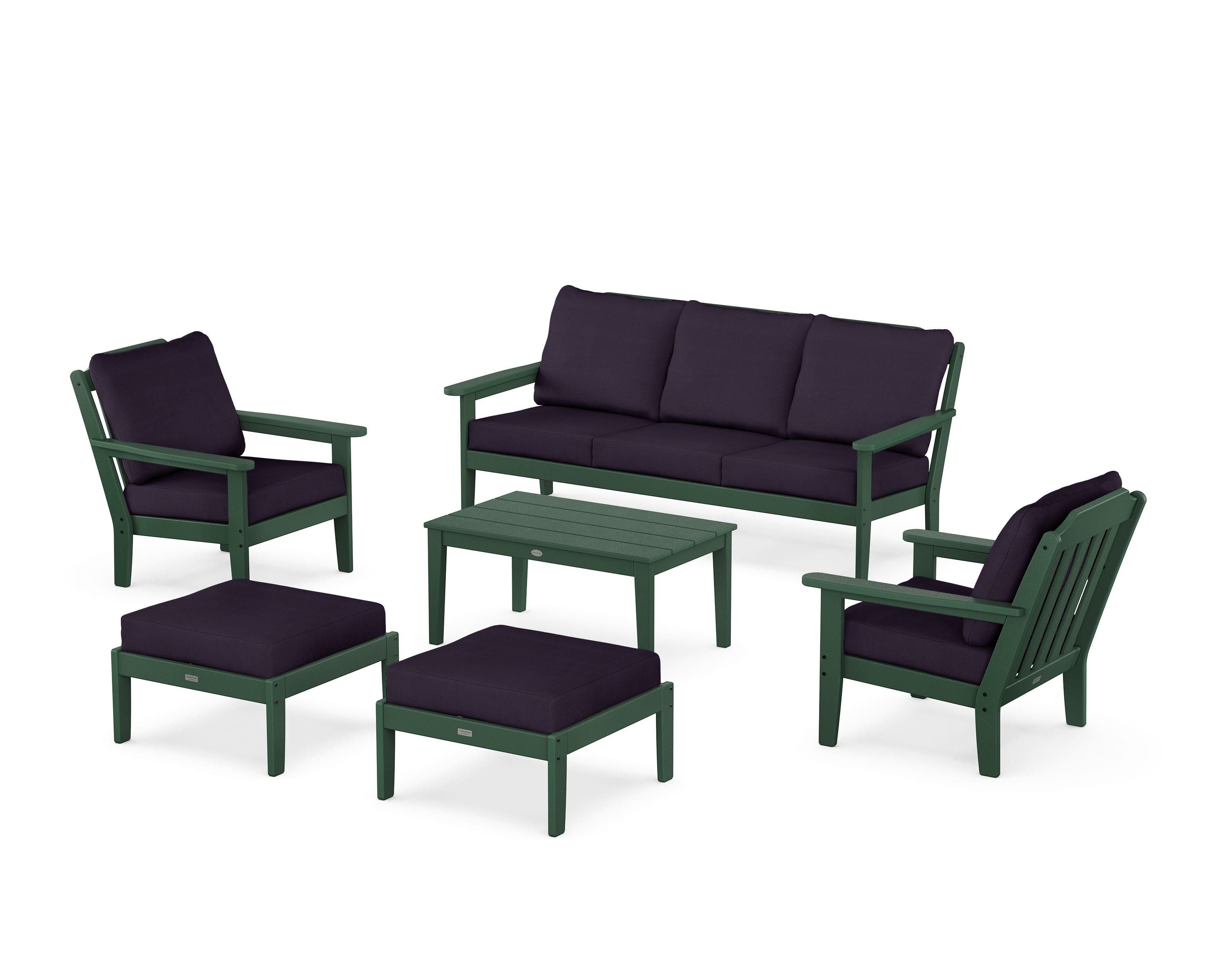Country Living Cottage 6-Piece Lounge Sofa Set in Green / Navy Linen