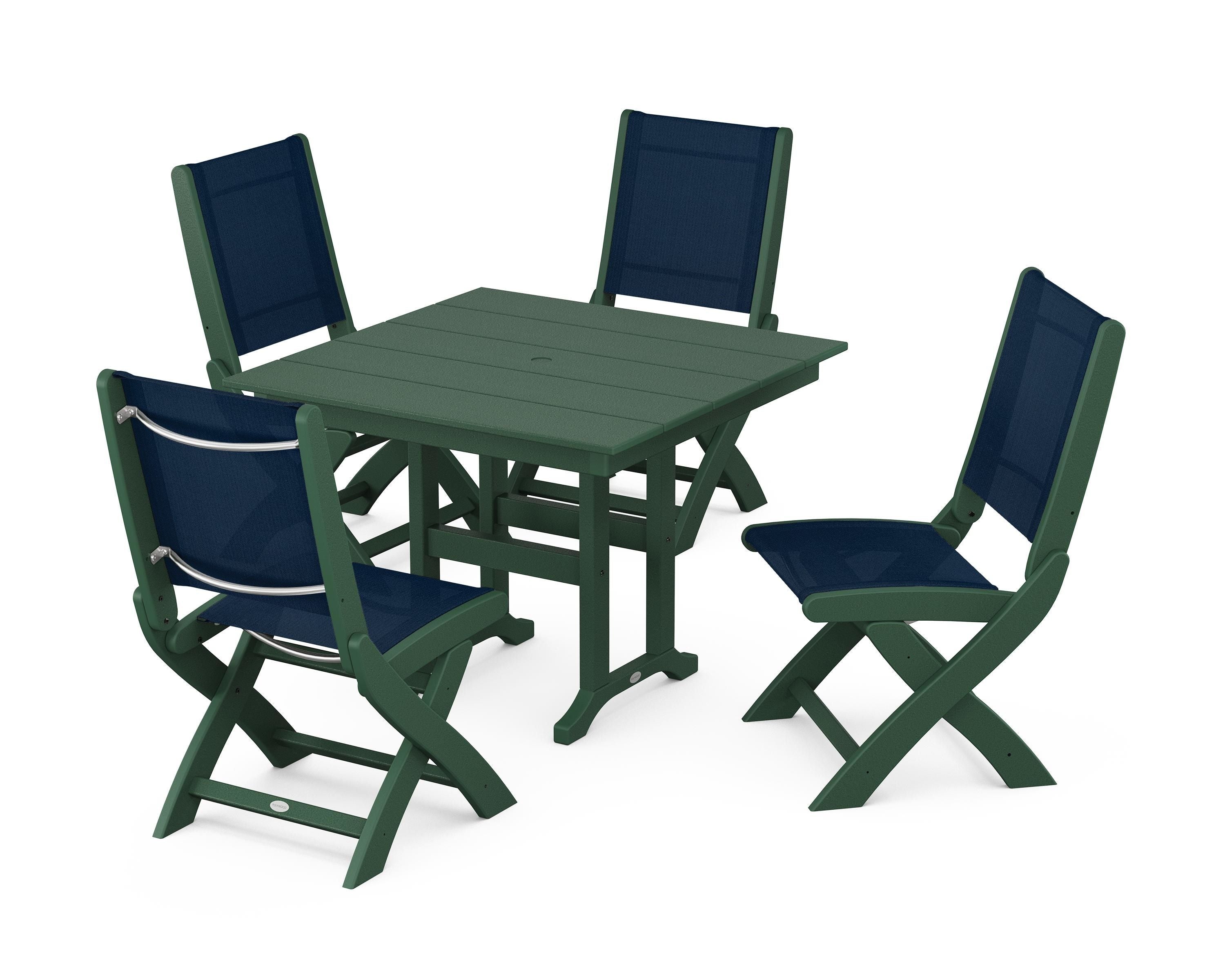 POLYWOOD Coastal Folding Side Chair 5-Piece Farmhouse Dining Set in Green / Navy Blue Sling