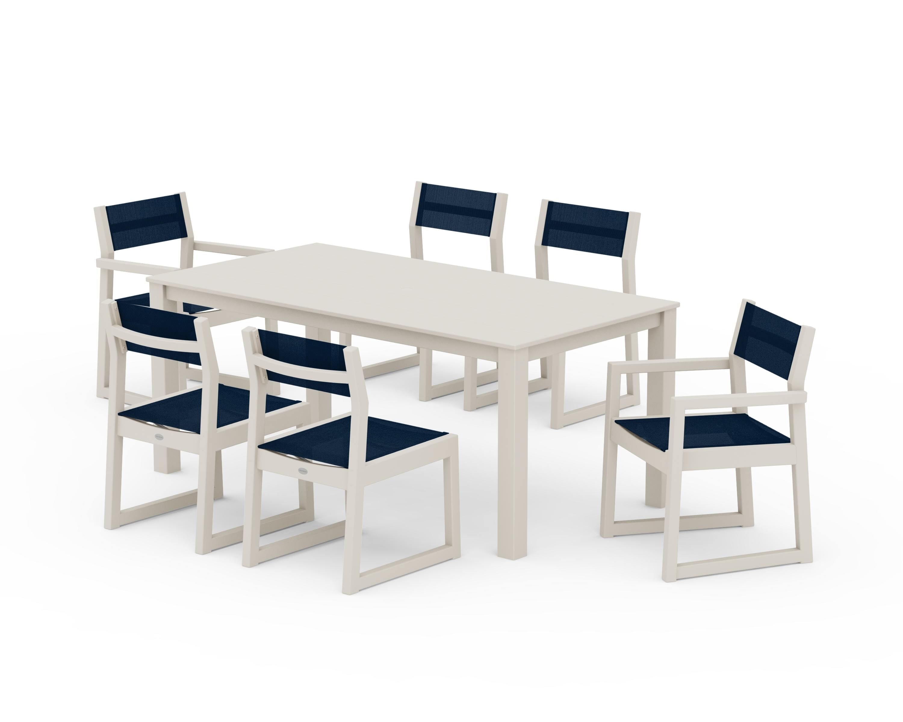 POLYWOOD EDGE Sling 7-Piece Parsons Dining Set in Sand / Navy Blue Sling
